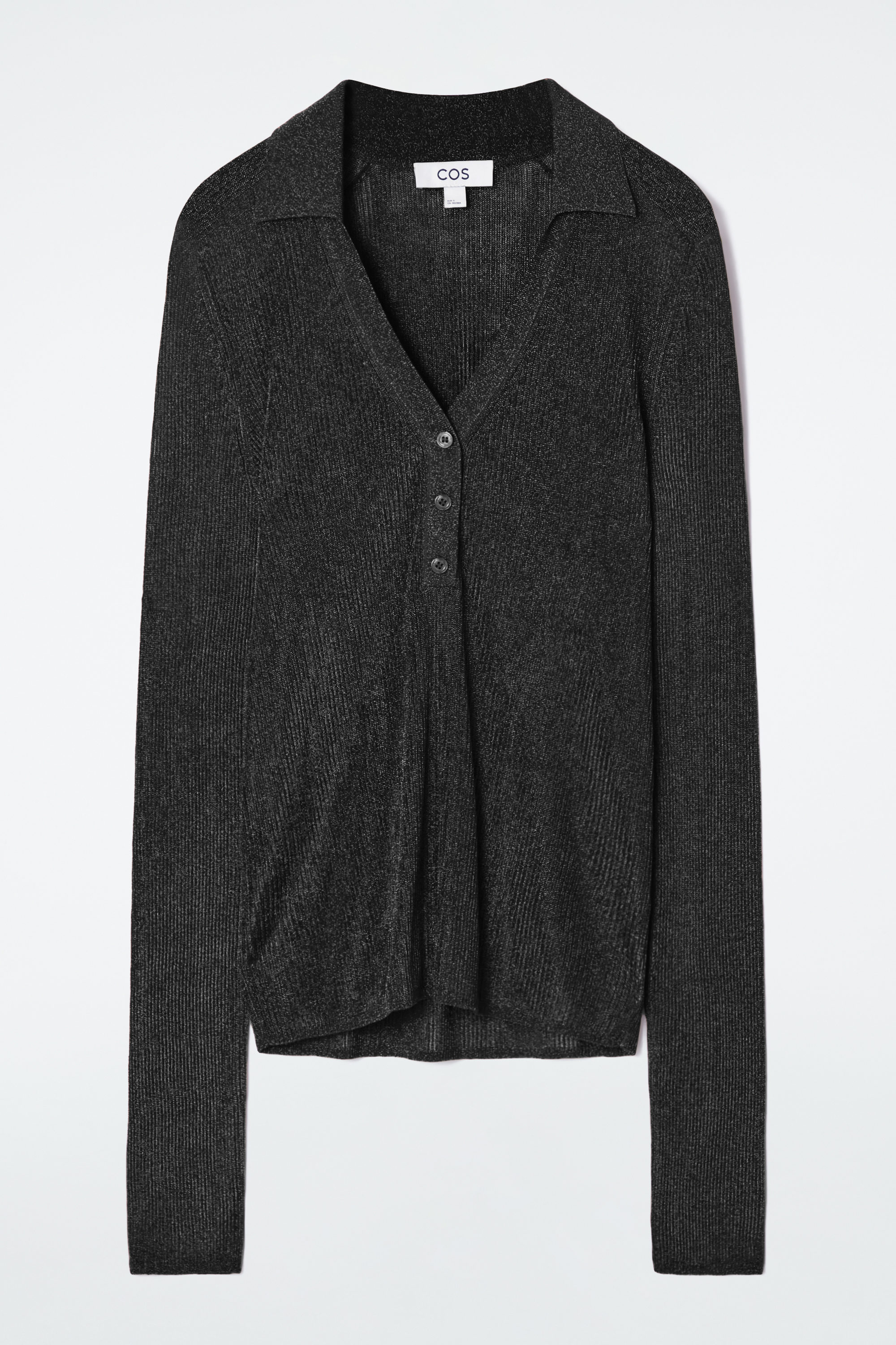 SPARKLY RIBBED-KNIT POLO SHIRT - BLACK | COS