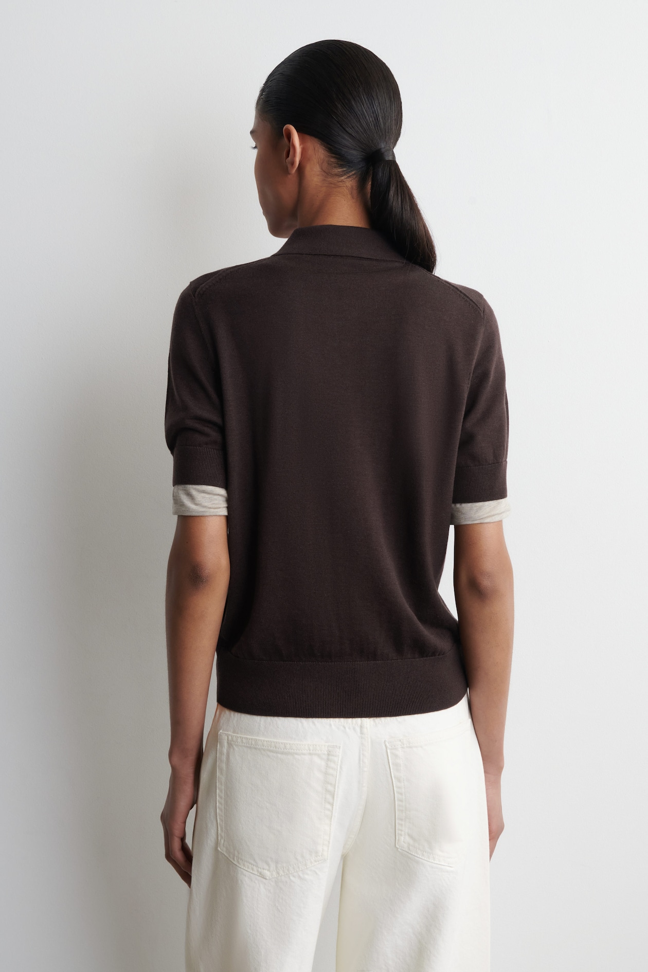 SHRUNKEN WOOL-BLEND POLO SHIRT — DARK BROWN