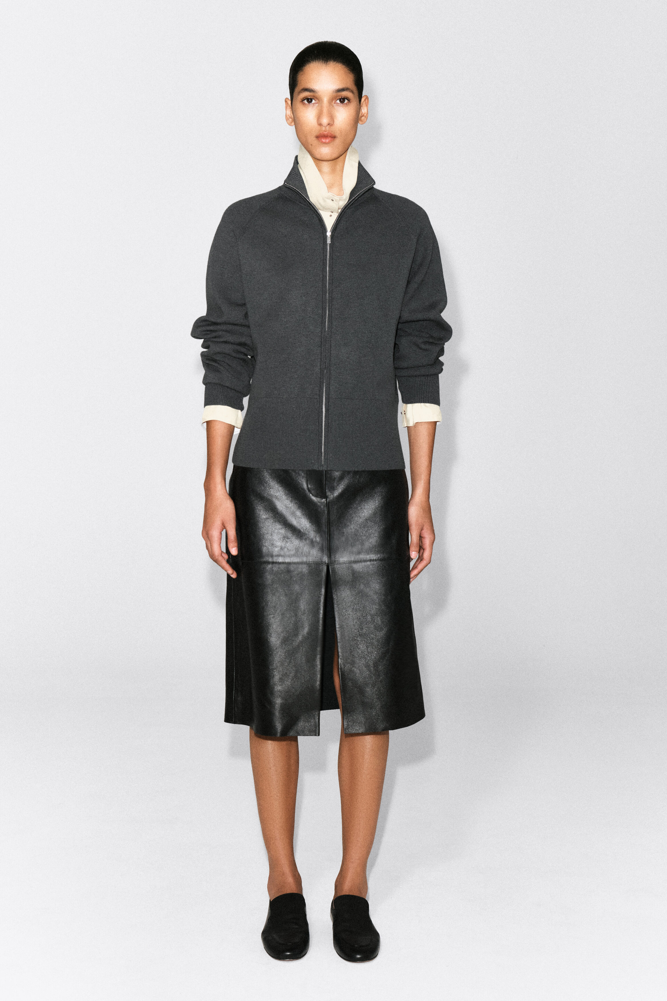 KNITTED MOCK-NECK ZIP-UP JACKET - CHARCOAL | COS US