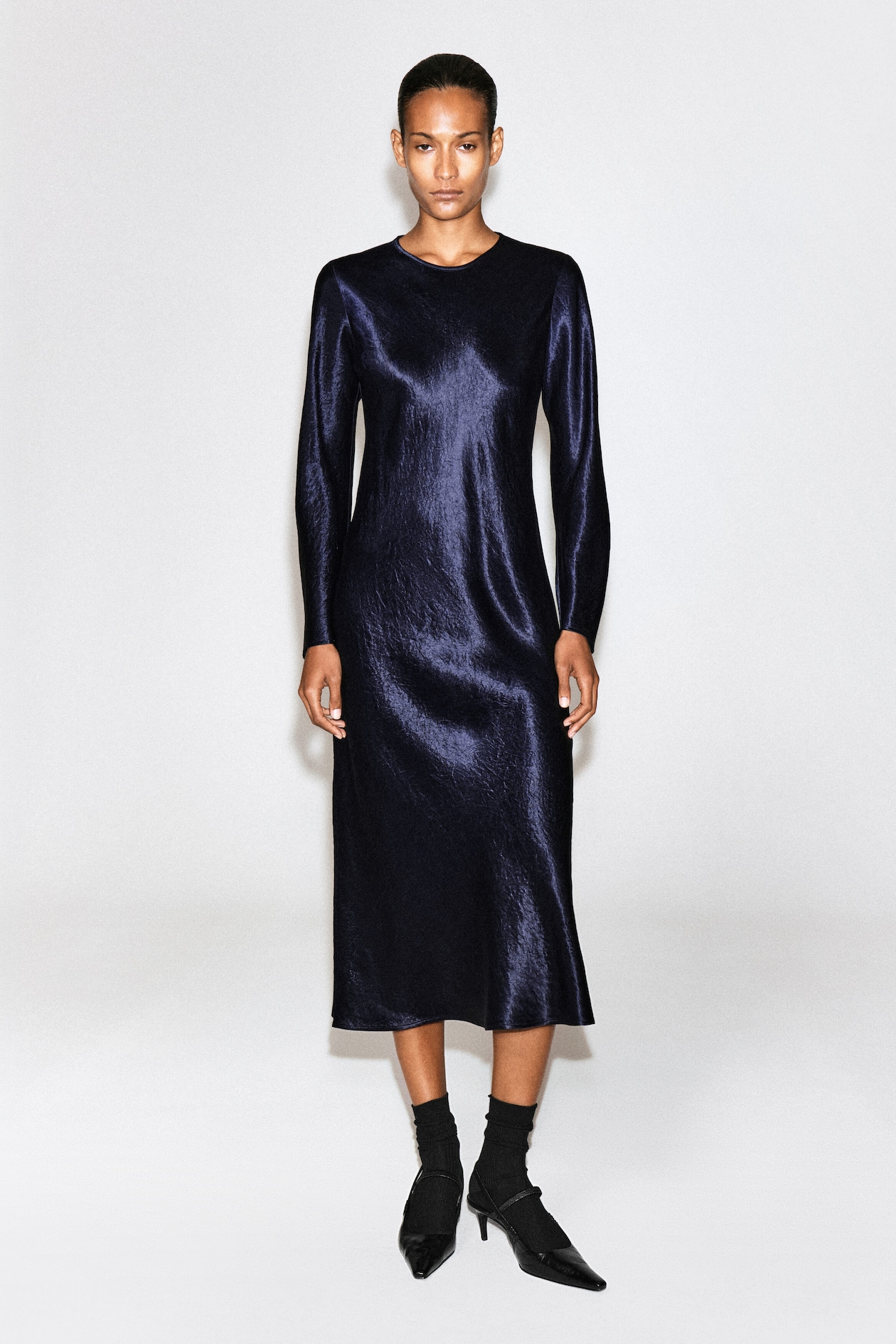 SATIN LONG-SLEEVED MAXI DRESS — MIDNIGHT BLUE
