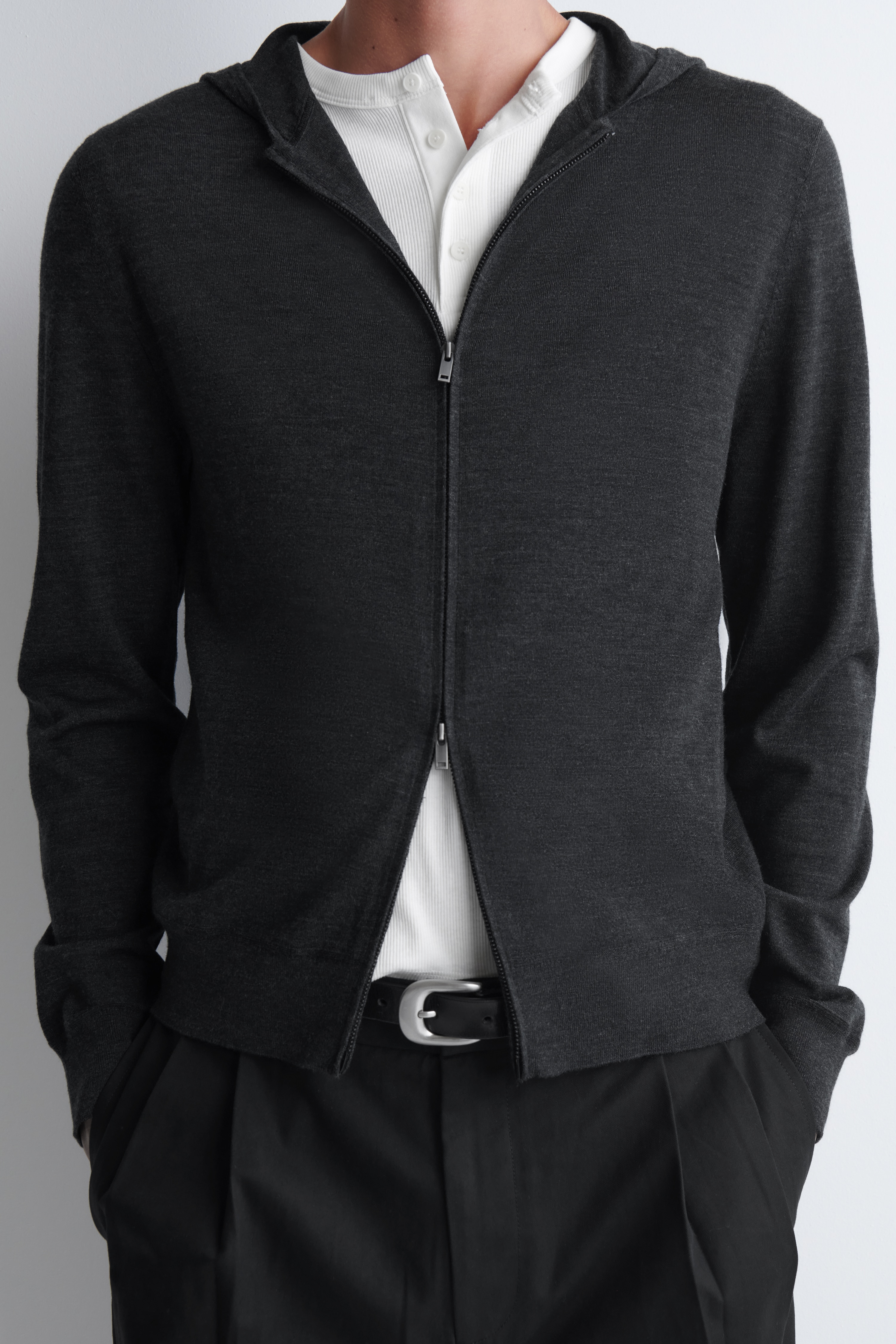 MERINO WOOL ZIP-UP HOODIE - GREY MÉLANGE/NAVY