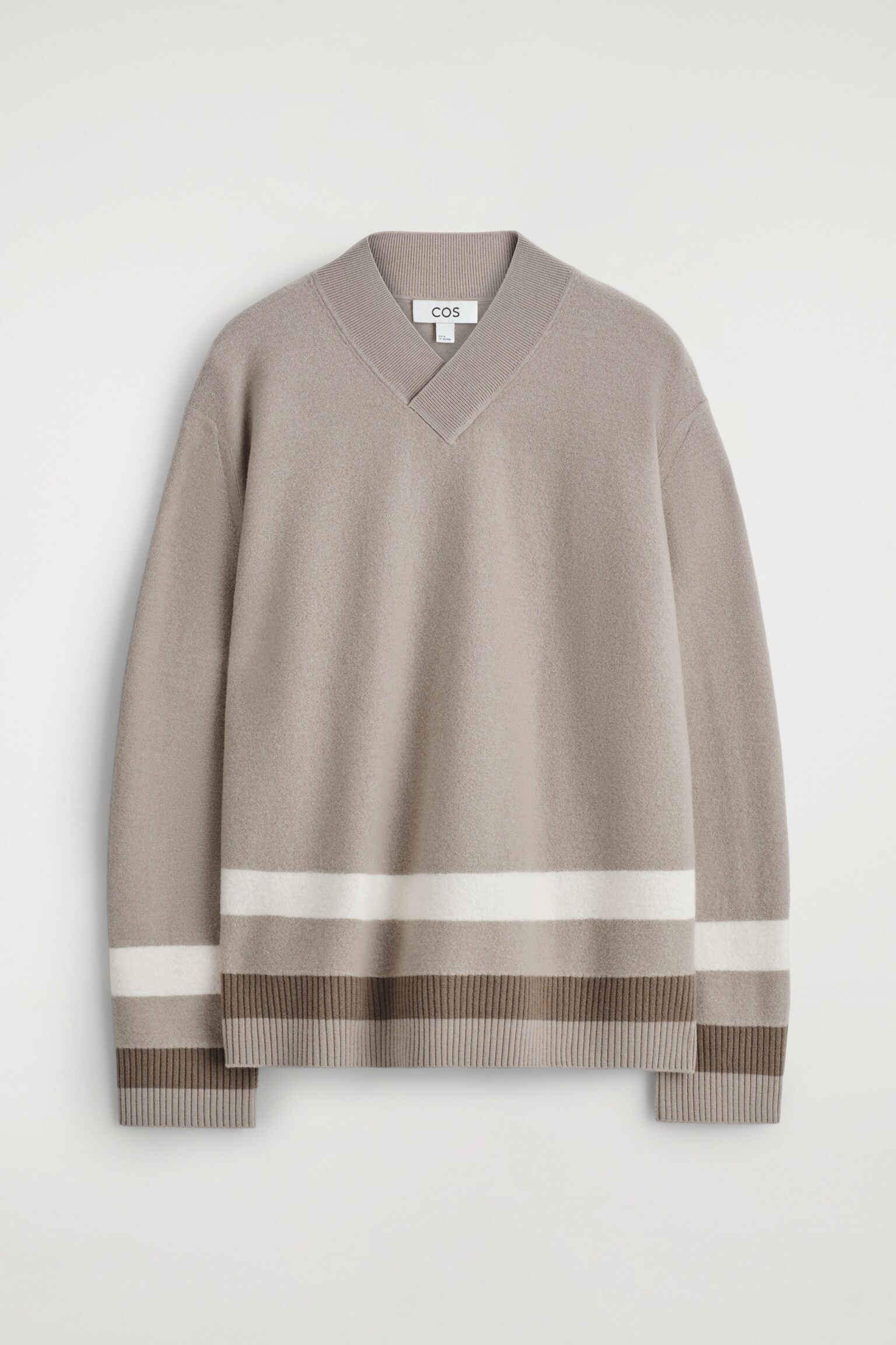 PULL RAYÉ À COL EN V EN LAINE BOUILLIE - BEIGE / RAYÉ - 2