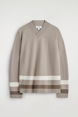 STRIPED BOILED-WOOL V-NECK JUMPER — BEIGE / STRIPED 3