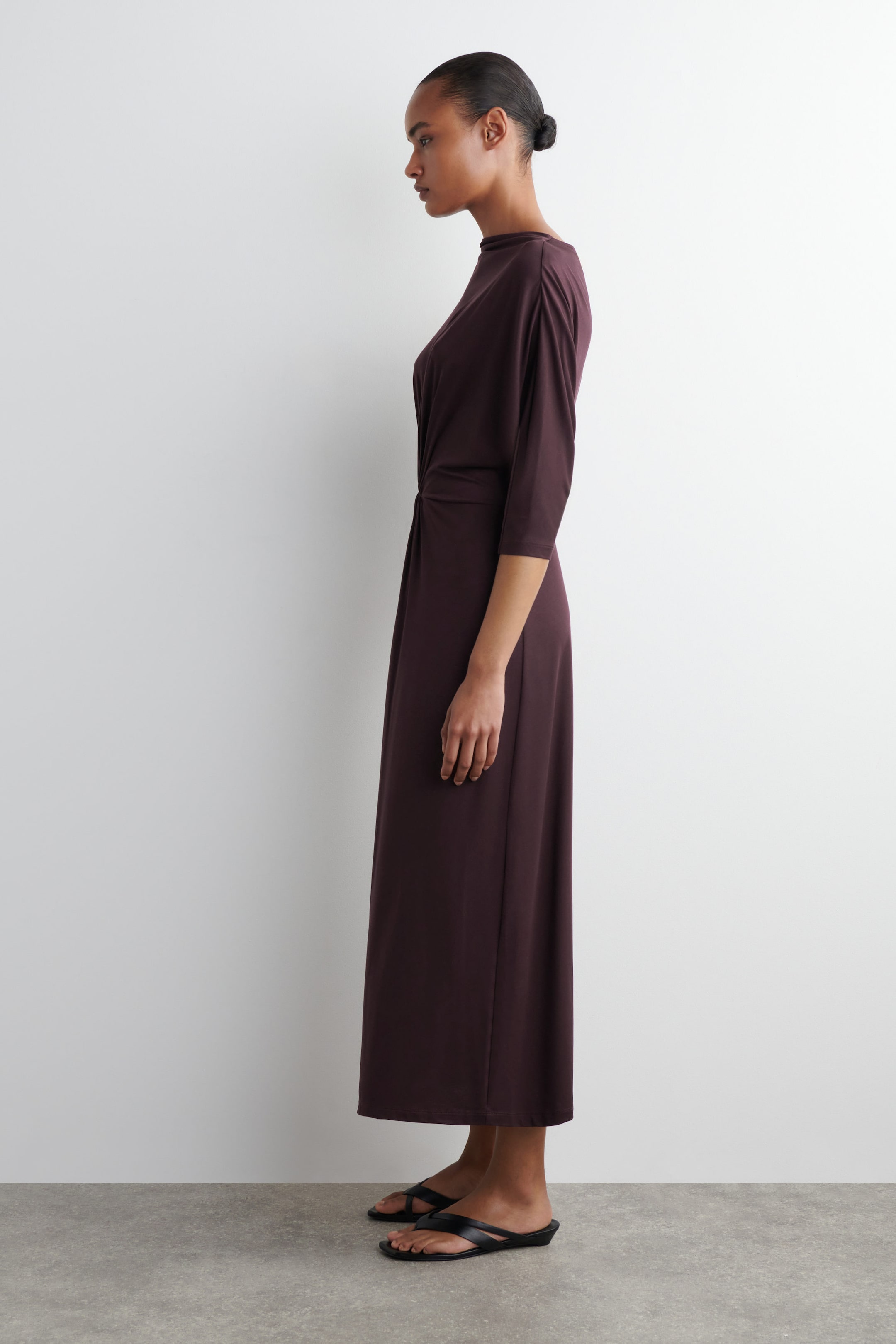 GATHERED-WAIST DRAPED MIDI DRESS