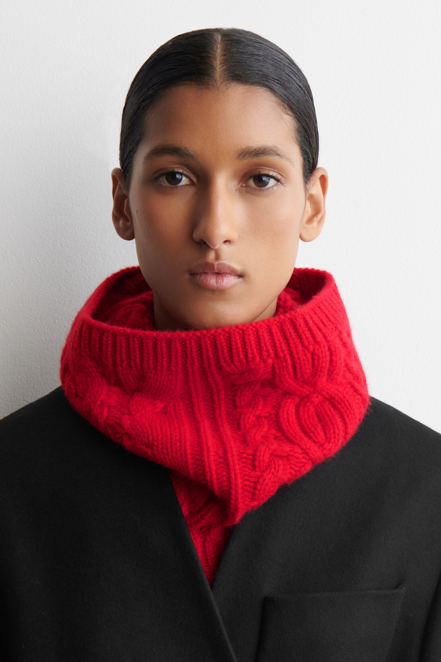 SCALDACOLLO IN LANA E CASHMERE A TRECCE - ROSSO/CREMA