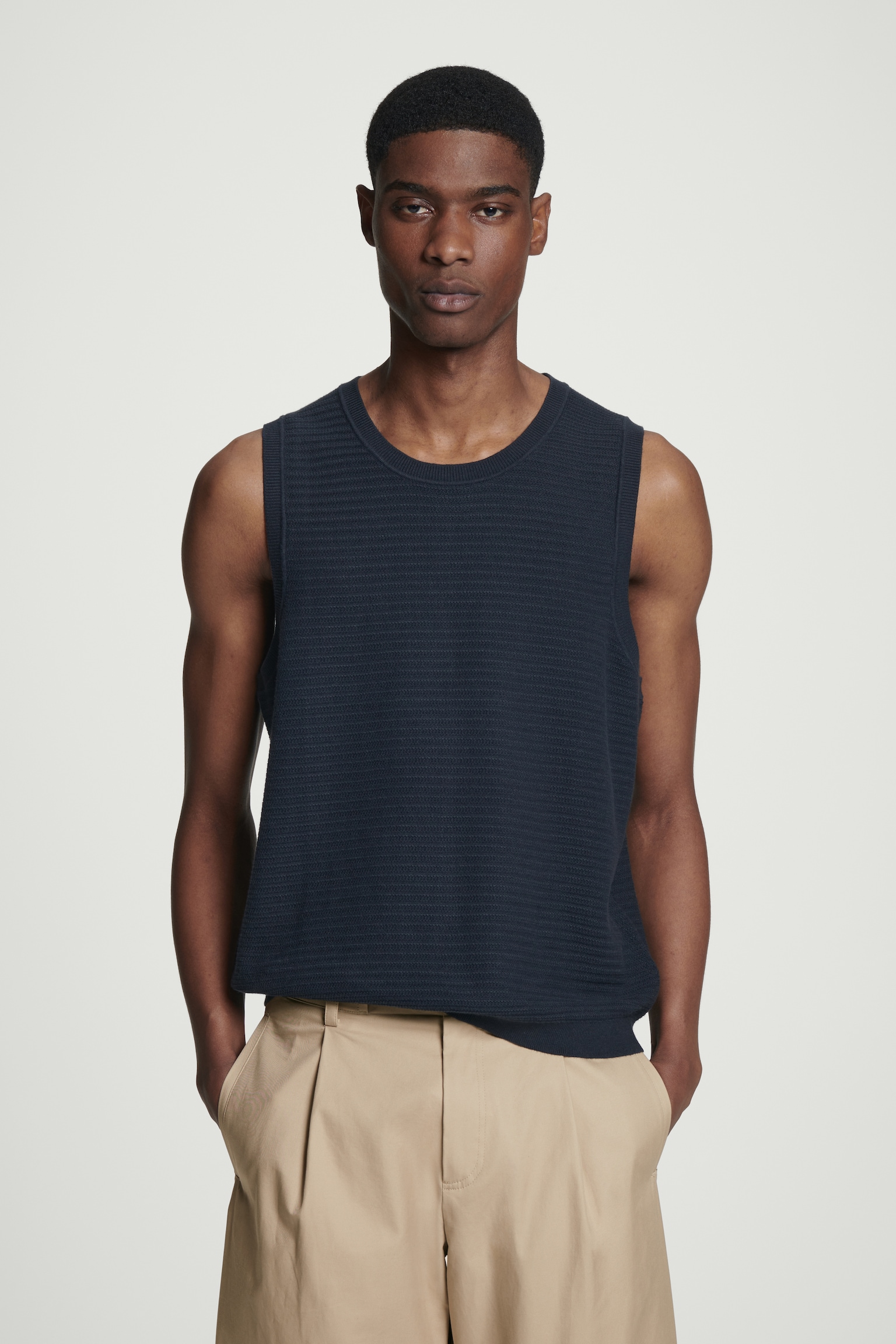 TEXTURED KNITTED COTTON TANK TOP - NAVY/OFF-WHITE/BLUE/BLACK
