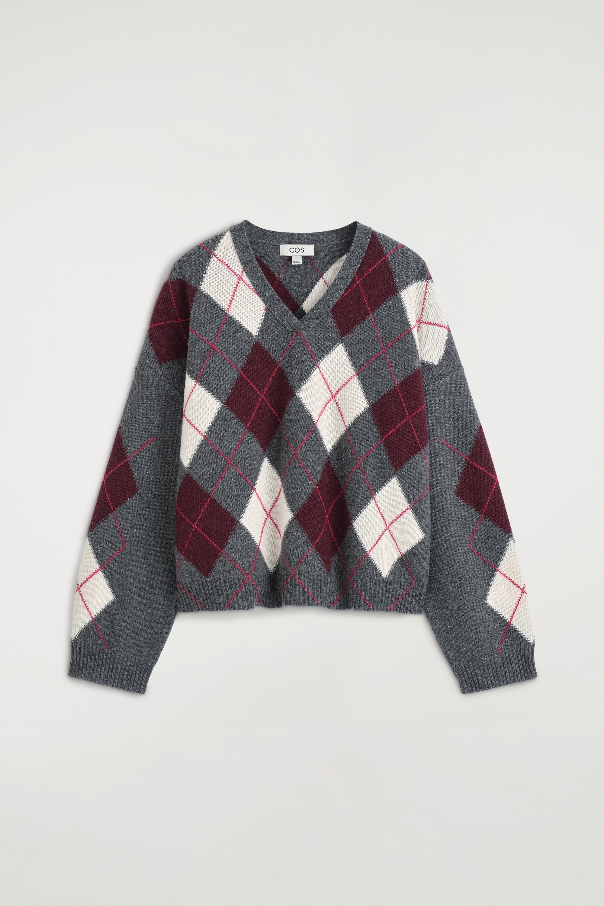 PULL COL EN V EN MAILLE ARGYLE DE LAINE ET ALPAGA - GRIS / ROUGE / CARREAUX/BRUN / BLEU / CARREAUX