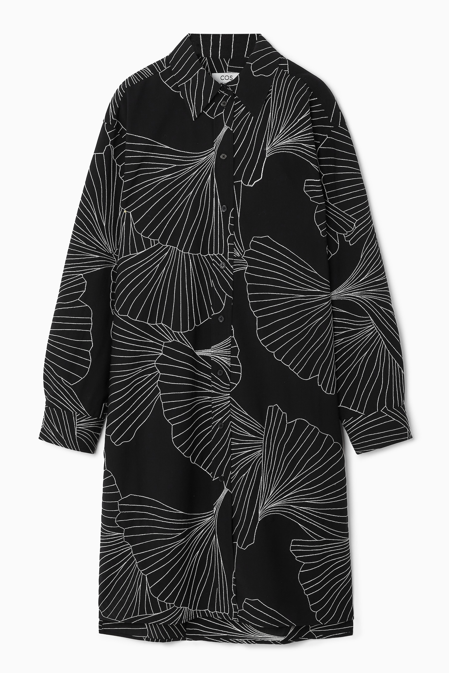 EMBROIDERED WOOL SHIRT DRESS - BLACK / FLORAL