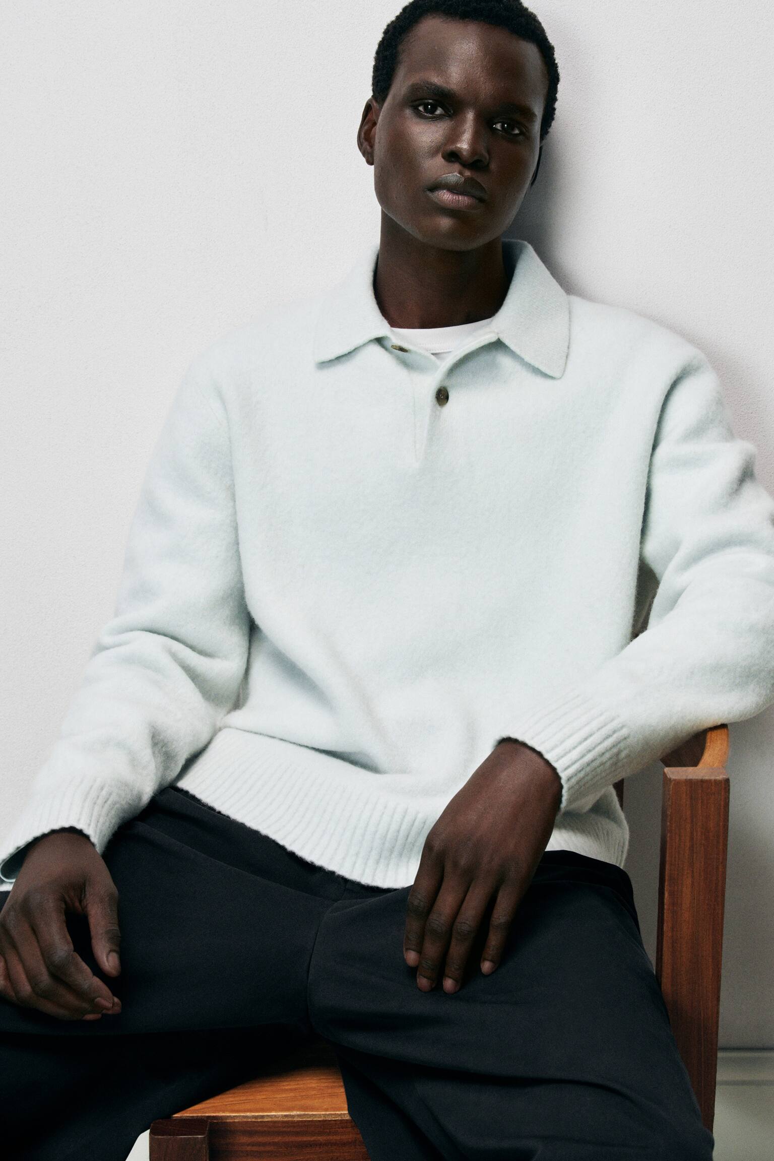 BRUSHED-WOOL POLO SHIRT - ICE BLUE/DARK BROWN - 6