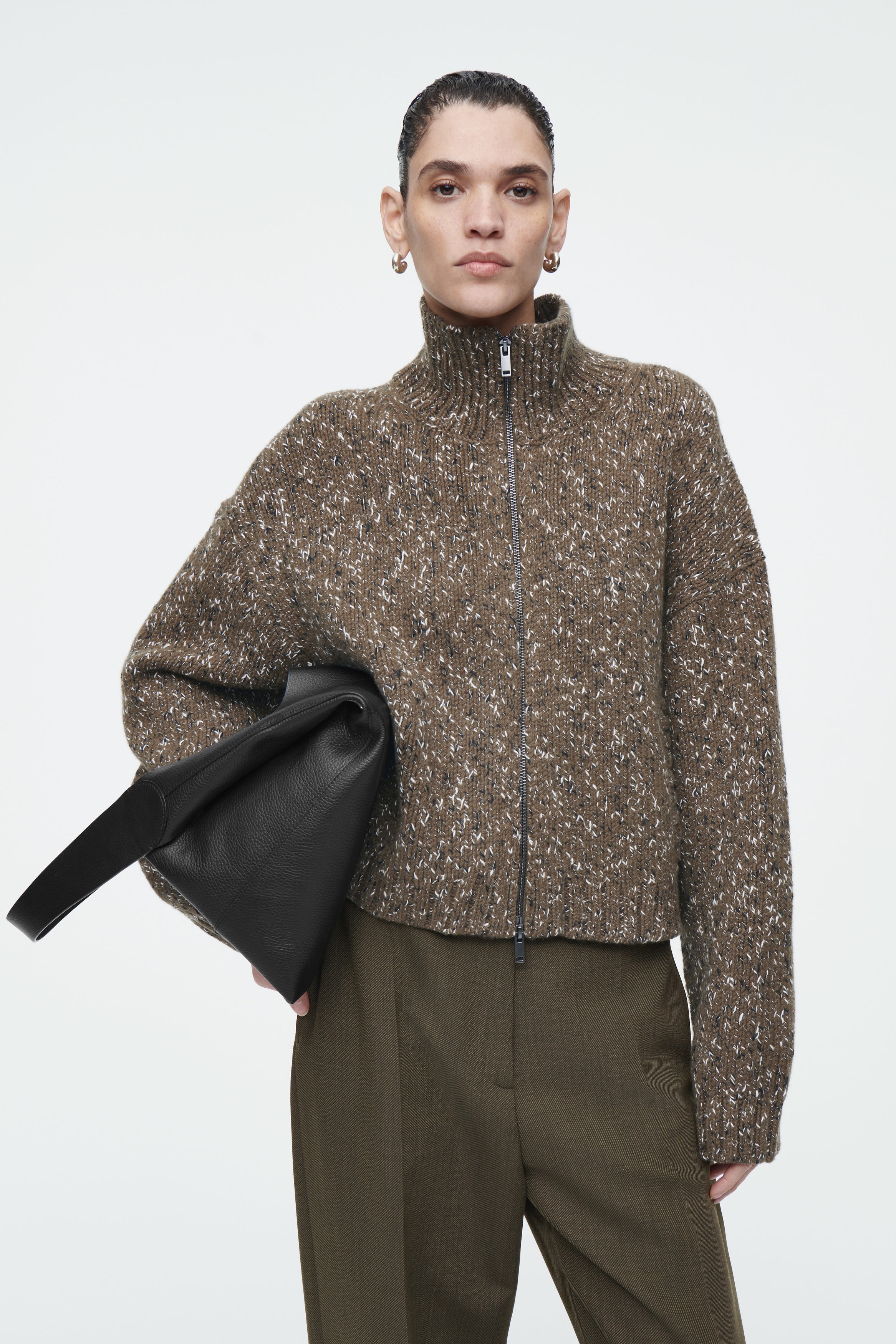 CHUNKY FLECKED WOOL ZIP-UP CARDIGAN - KHAKI | COS