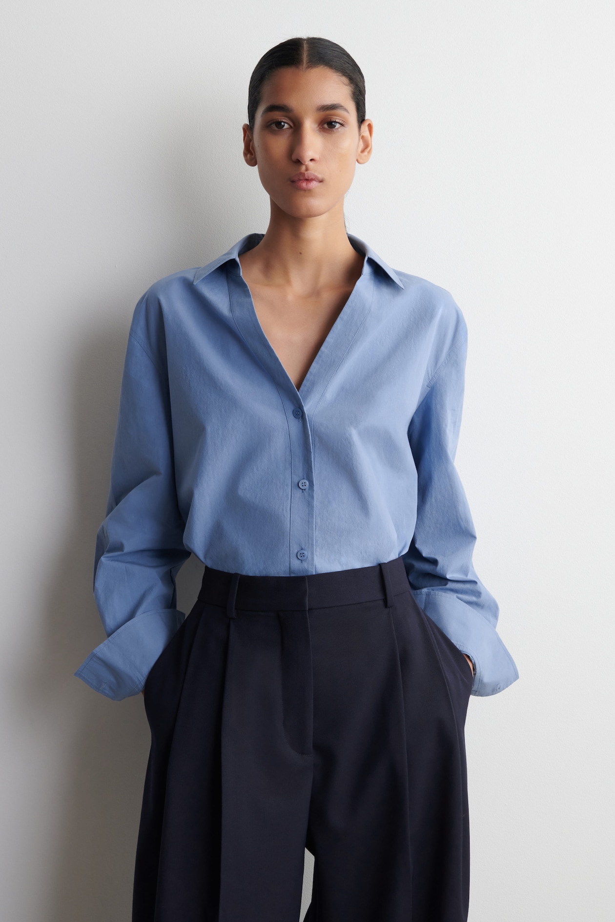 OPEN-COLLAR COTTON-POPLIN SHIRT — BLUE