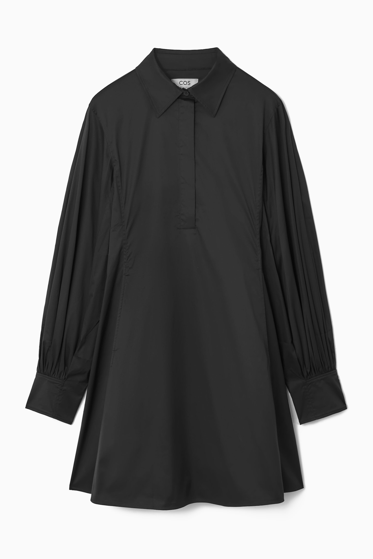 GATHERED-SLEEVE MINI SHIRT DRESS - BLACK