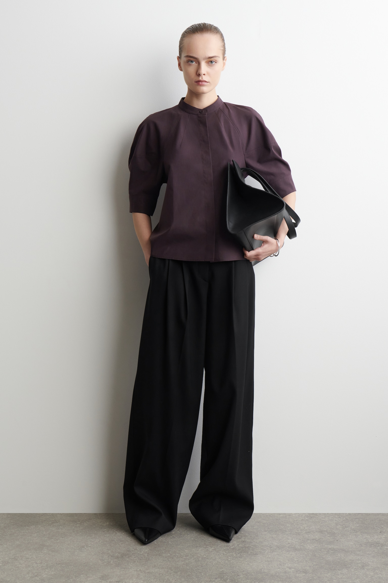PUFF-SLEEVE COTTON BLOUSE - PLUM/LIGHT TURQUOISE - 7