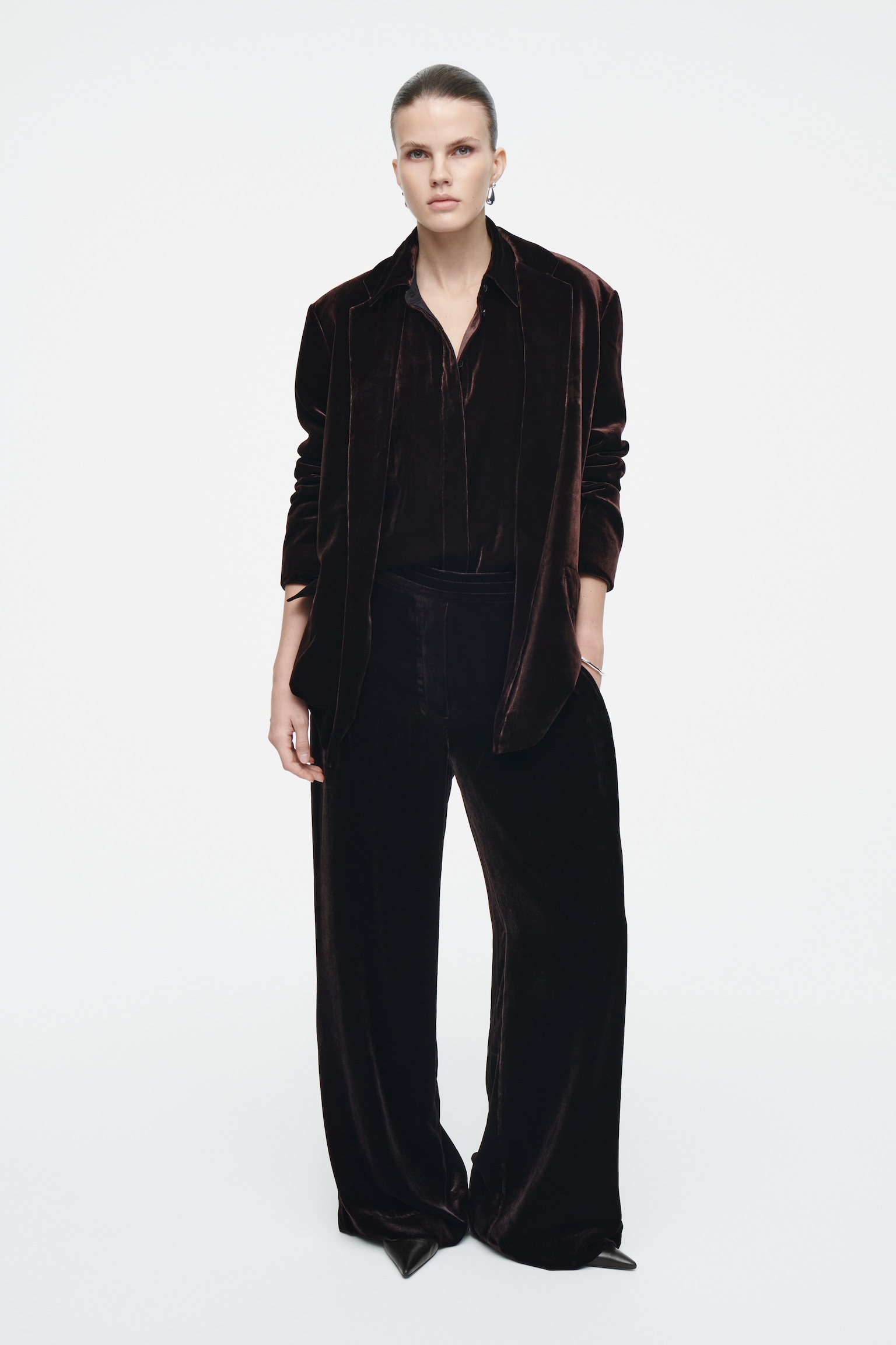 PANTALON EN VELOURS DE SOIE MÉLANGÉE - ACAJOU/BLEU - 1
