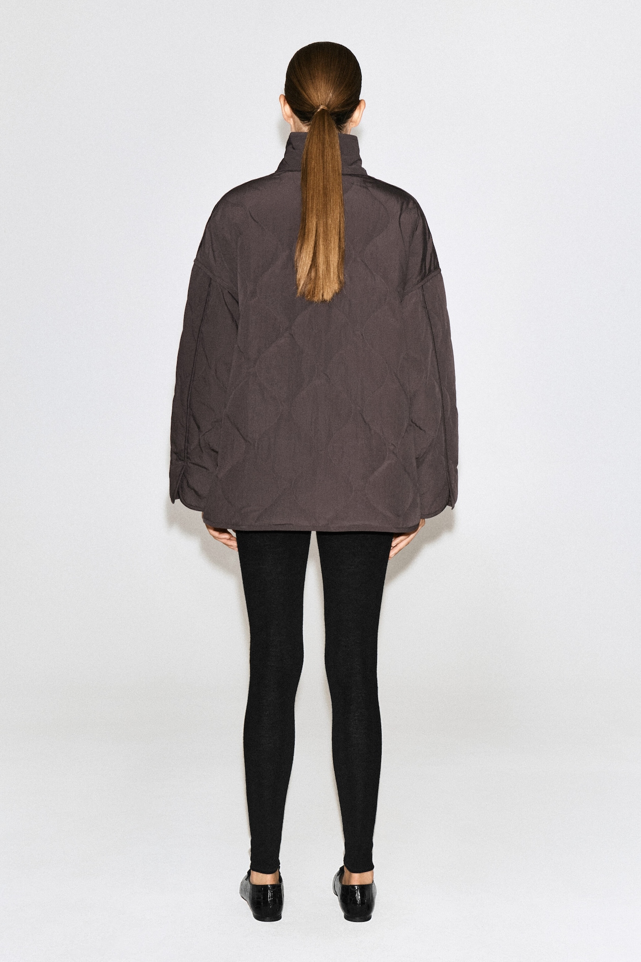 SHAWL-COLLAR QUILTED JACKET — BROWN