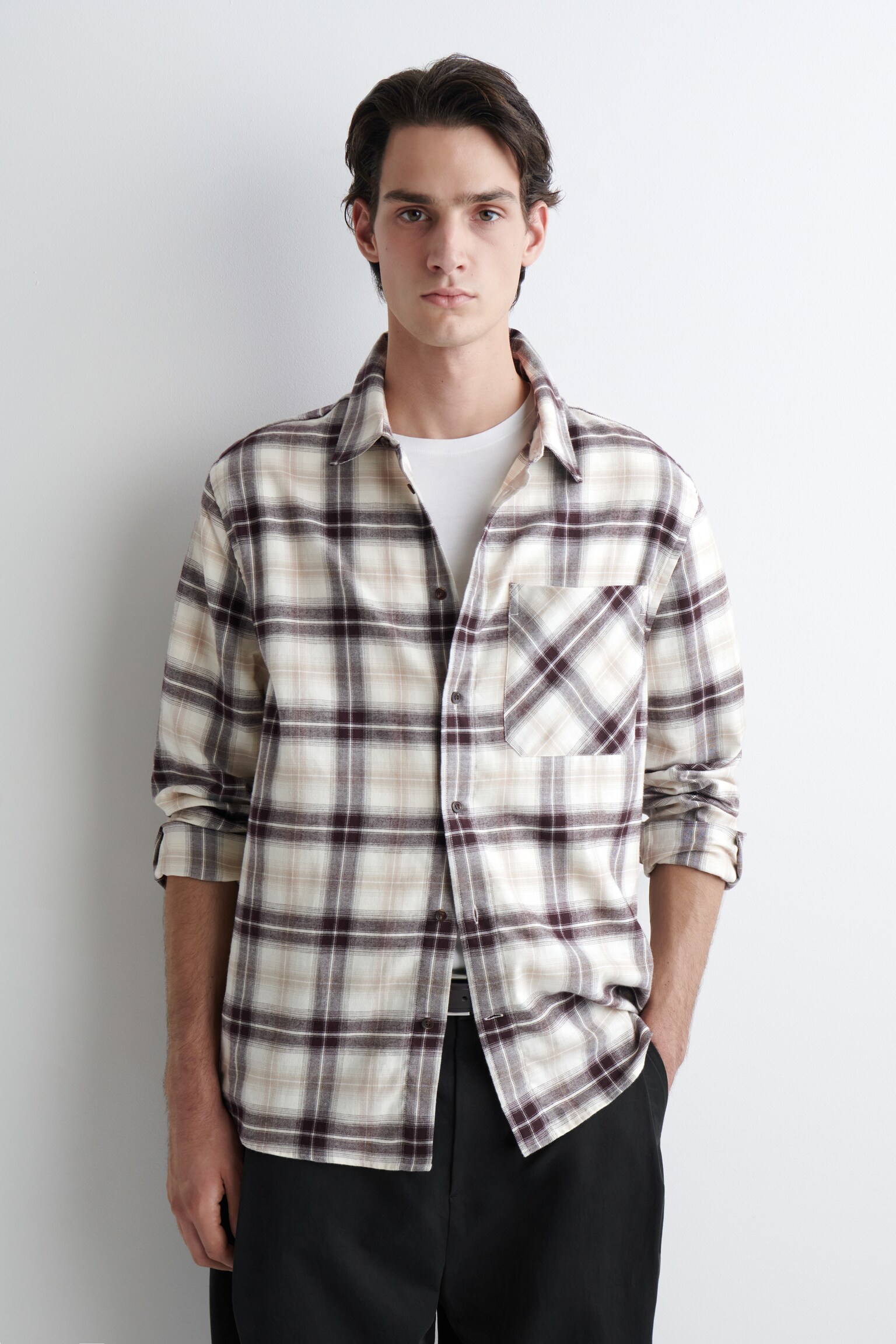 CHECKED PIMA COTTON SHIRT - BEIGE / BURGUNDY / CHECKED
