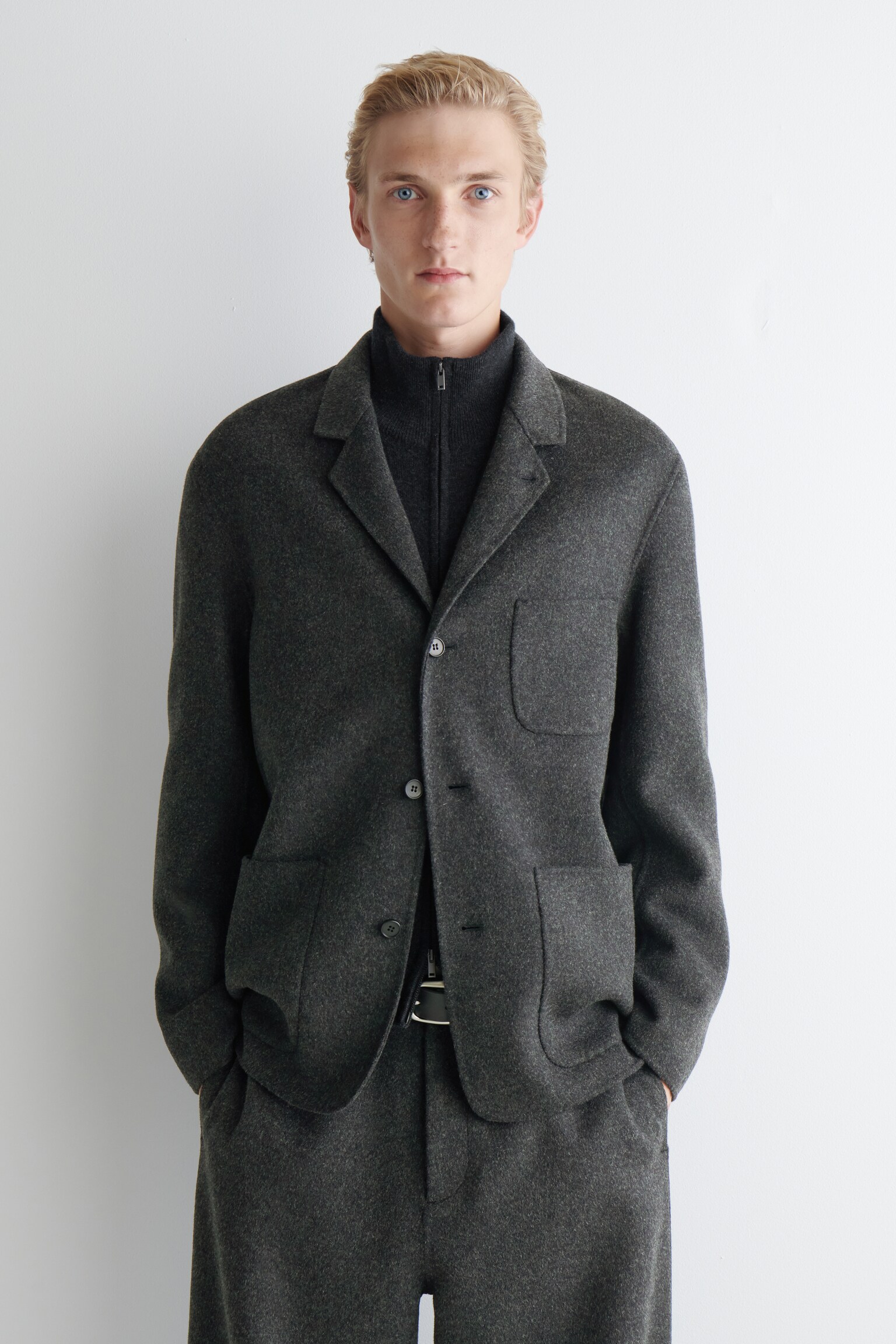 UNSTRUCTURED DOUBLE-FACED WOOL BLAZER - CHARCOAL/BROWN