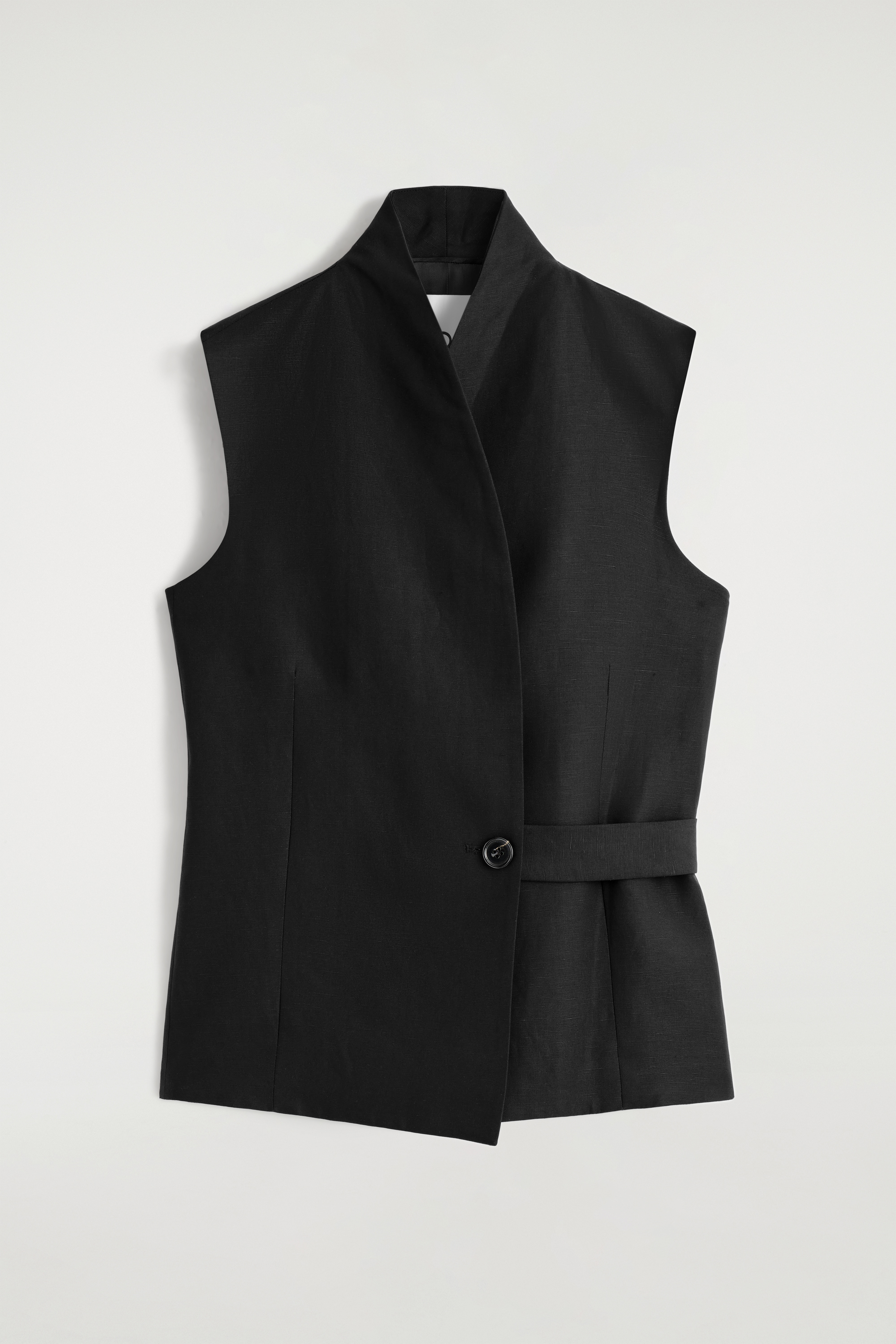 SHAWL-COLLAR BELTED LINEN-BLEND WAISTCOAT - BLACK
