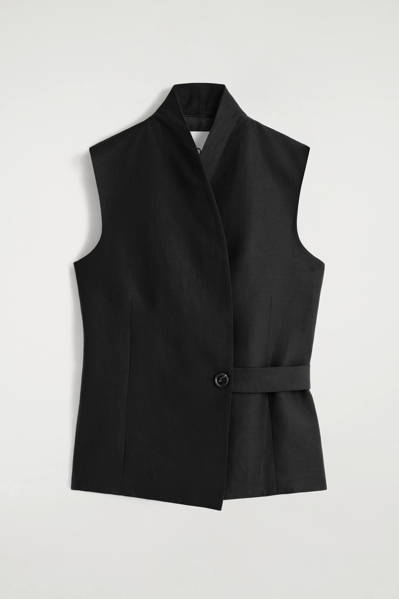 GILET IN MISTO LINO CON COLLO A SCIALLE E CINTURA - NERO - 2