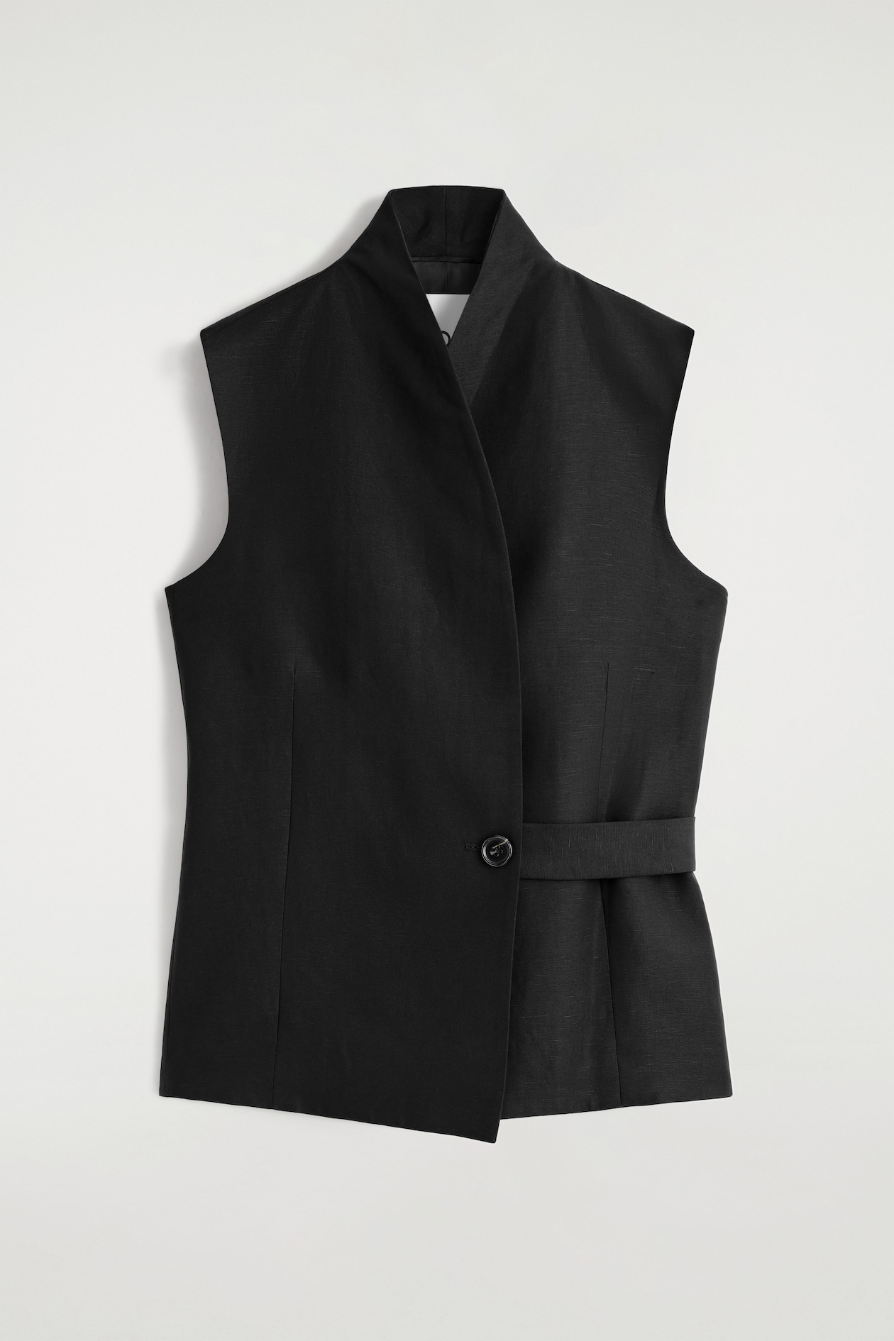 SHAWL-COLLAR BELTED LINEN-BLEND WAISTCOAT — BLACK