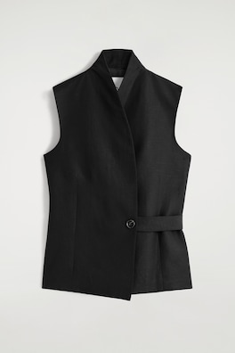 SHAWL-COLLAR BELTED LINEN-BLEND WAISTCOAT — BLACK 7