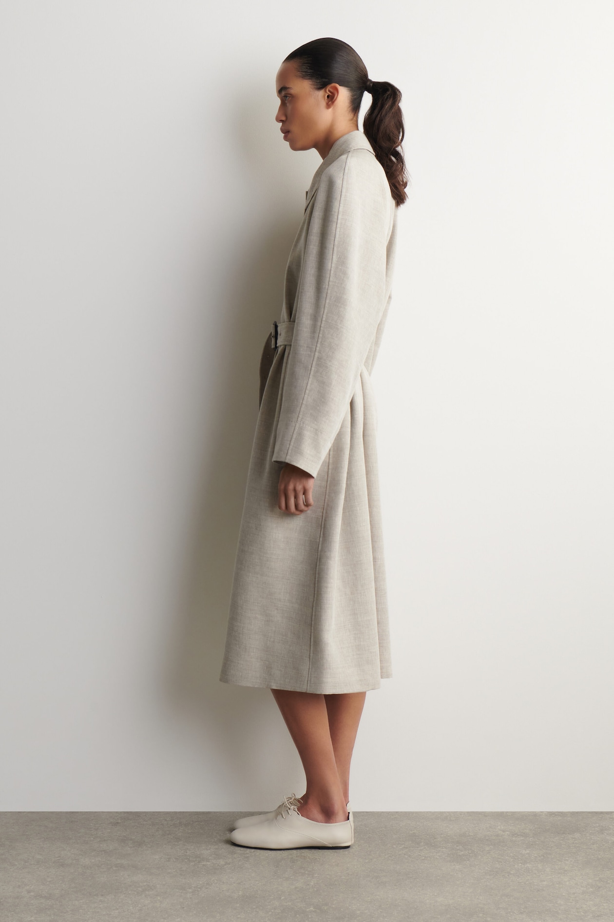 LINEN-WOOL LONG TRENCH COAT — STONE MÉLANGE