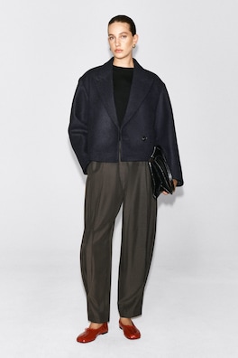 OVERSIZED CROPPED BOILED WOOL-BLEND BLAZER — NAVY 2
