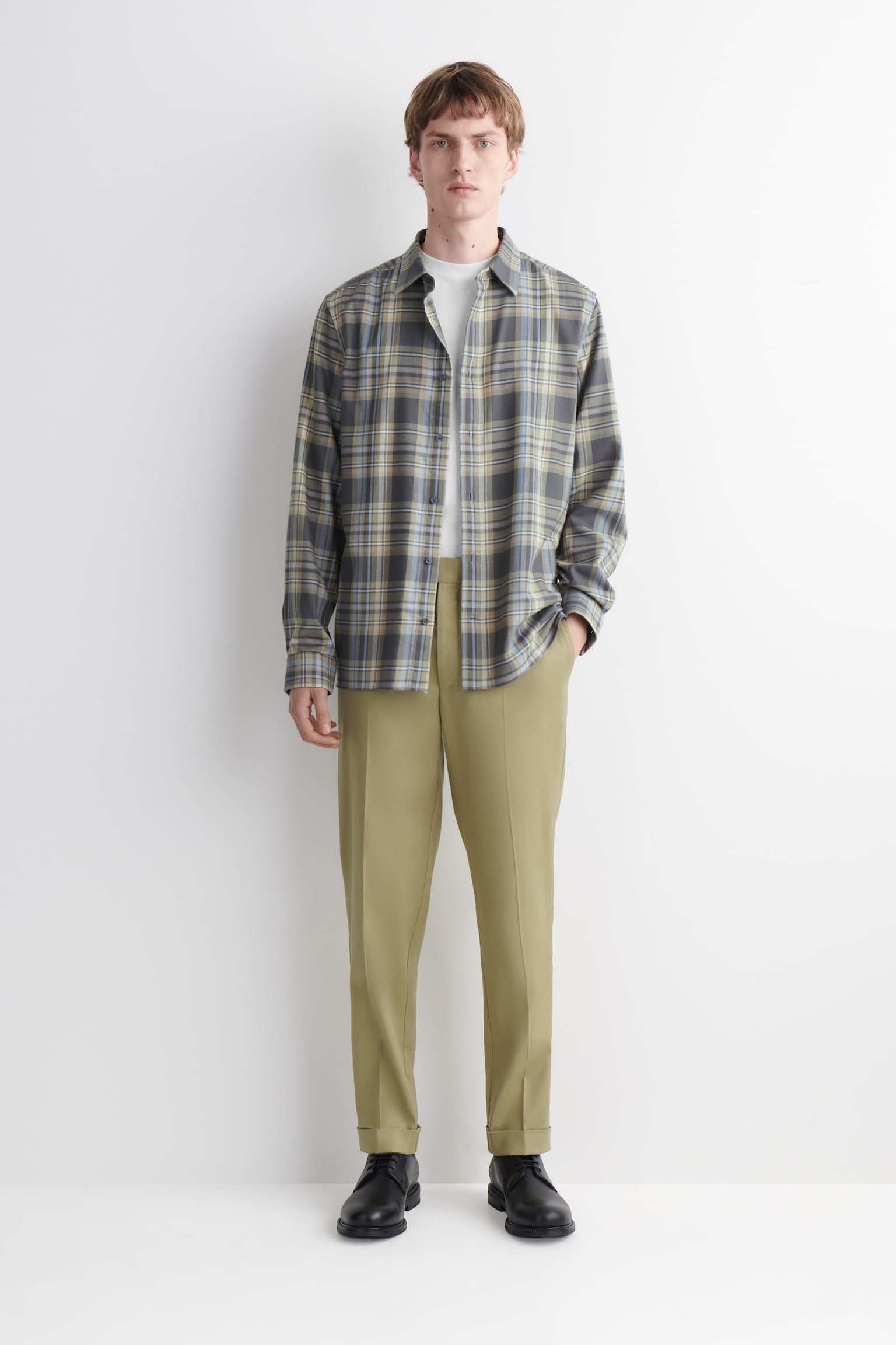 Linnen-katoenen broek met slanke pasvorm en rechte pijpen - BEIGE/ZWART - 1