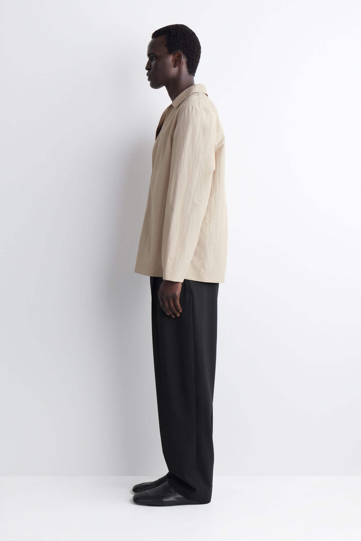 TAILORED OPEN-COLLAR NYLON SHIRT — BISCUIT