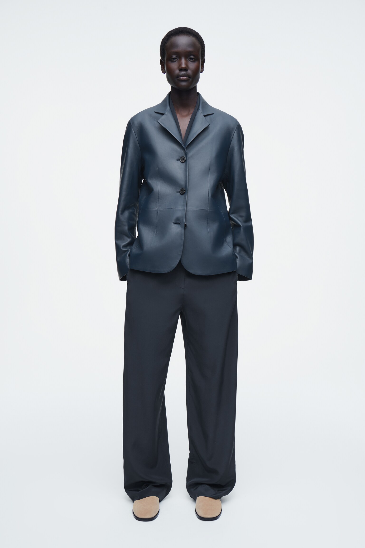 RELAXED SILK TROUSERS - NAVY/BROWN