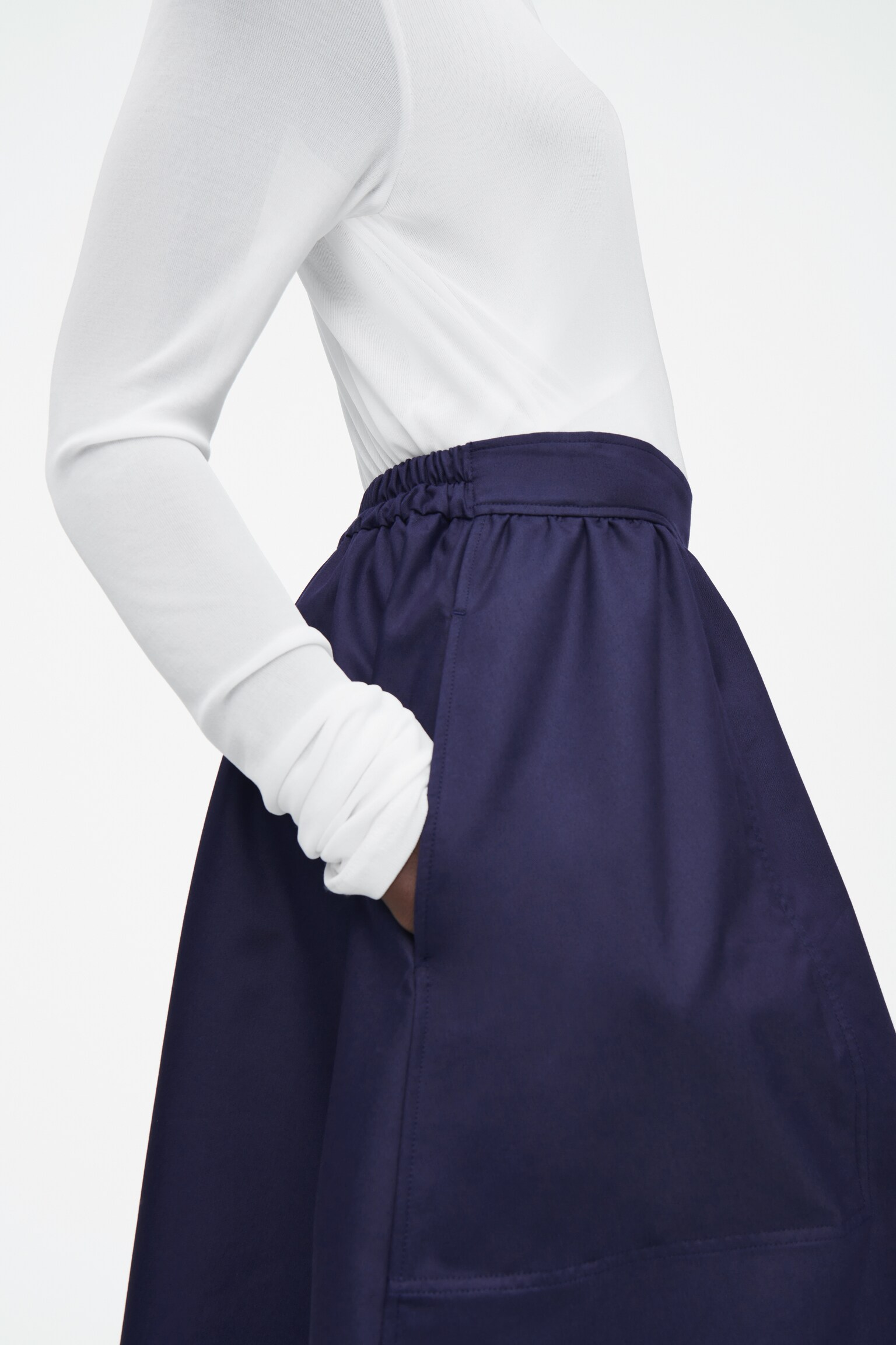 GATHERED A-LINE MIDI SKIRT - NAVY/BROWN - 3