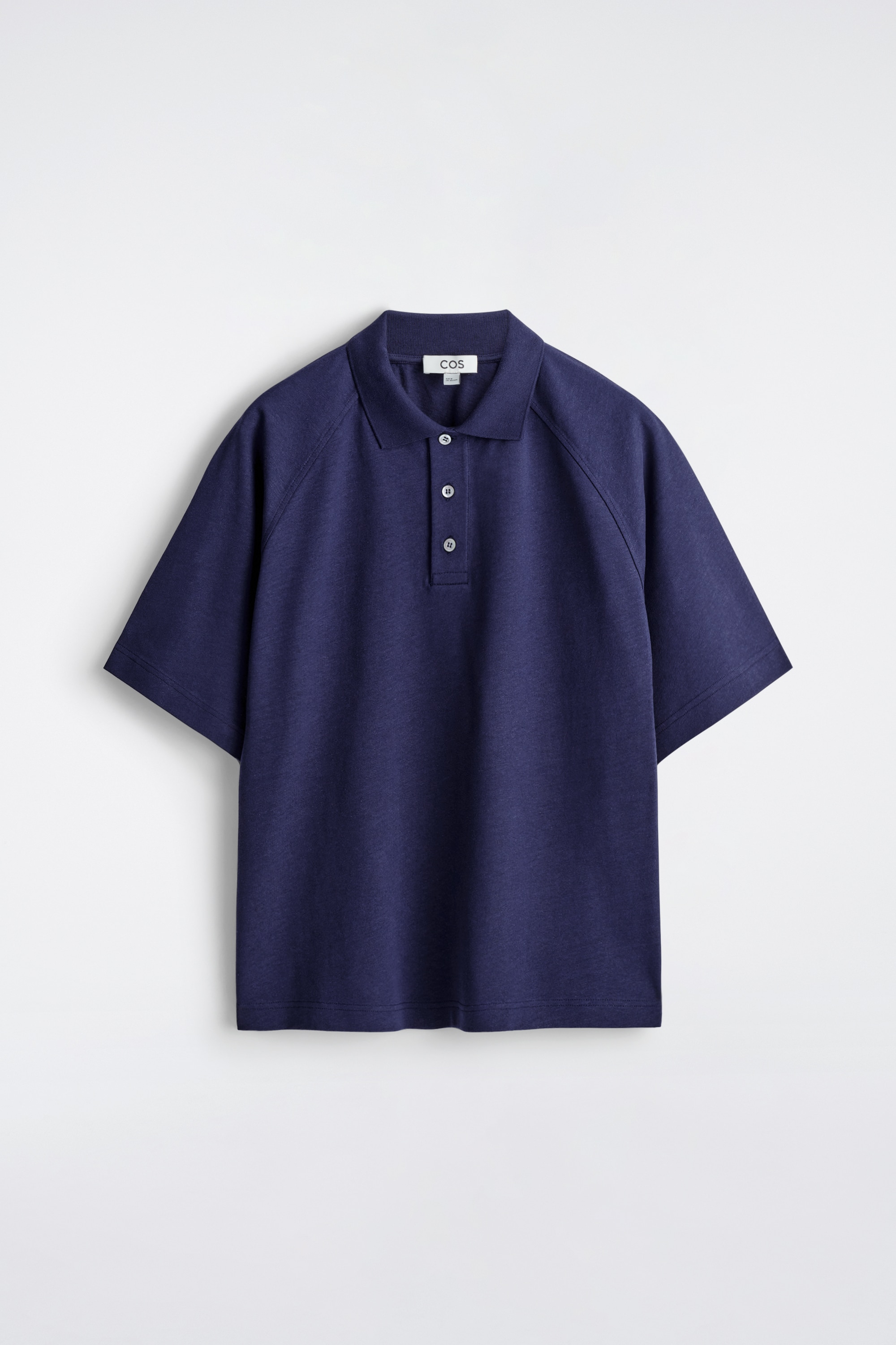 RELAXED COTTON-LINEN POLO SHIRT - כחול כהה/חום