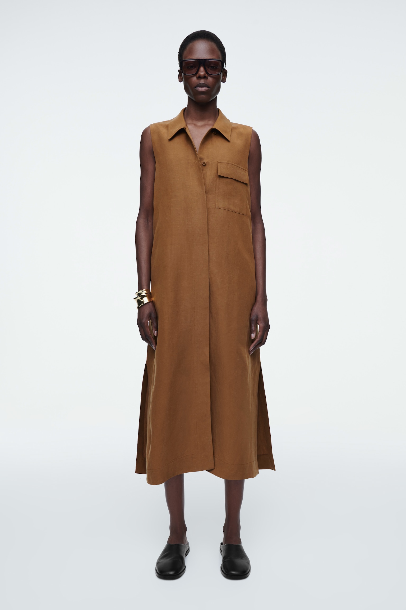 VESTIDO CAMISERO MIDI UTILITY SIN MANGAS - OCRE - 7