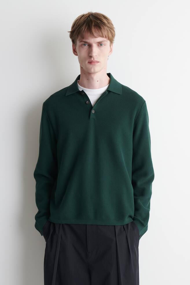 HONEYCOMB-KNIT POLO SHIRT - DARK GREEN/OFF-WHITE - 1