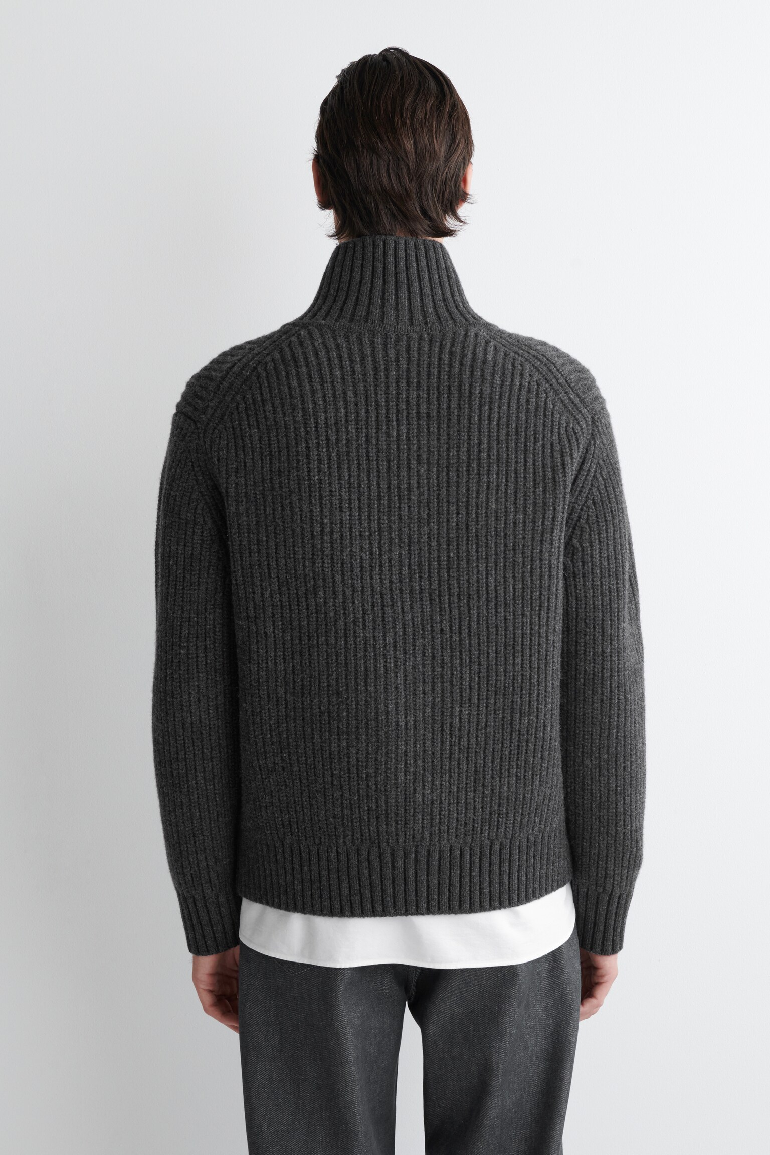 FUNNEL-NECK KNITTED WOOL JACKET - CHARCOAL/STONE - 8