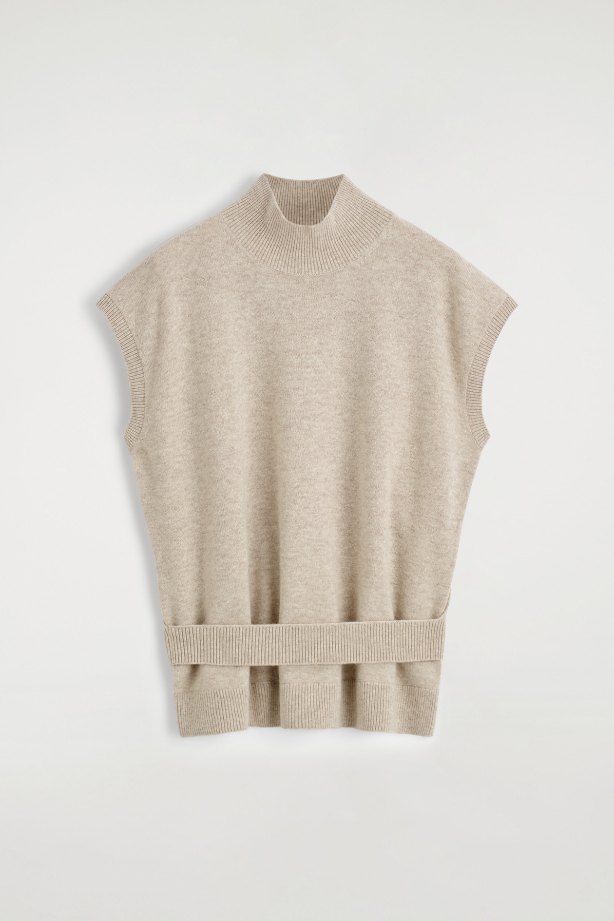 BELT-DETAIL FUNNEL-NECK WOOL VEST — BEIGE MÉLANGE