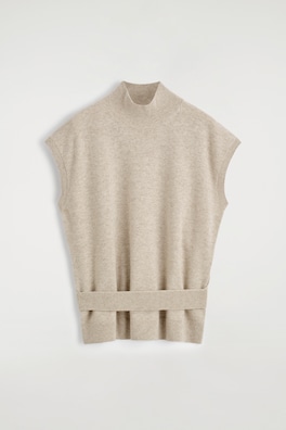 BELT-DETAIL FUNNEL-NECK WOOL VEST — BEIGE MÉLANGE 7