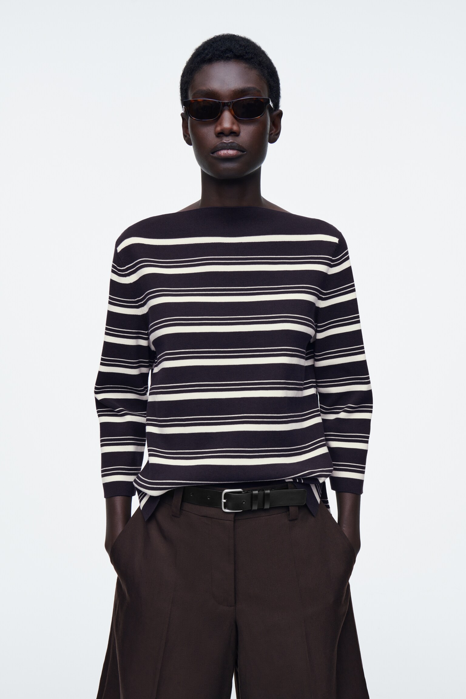 MAGLIA IN COTONE A RIGHE CON SCOLLO A BARCA - BLU NAVY / RIGHE
