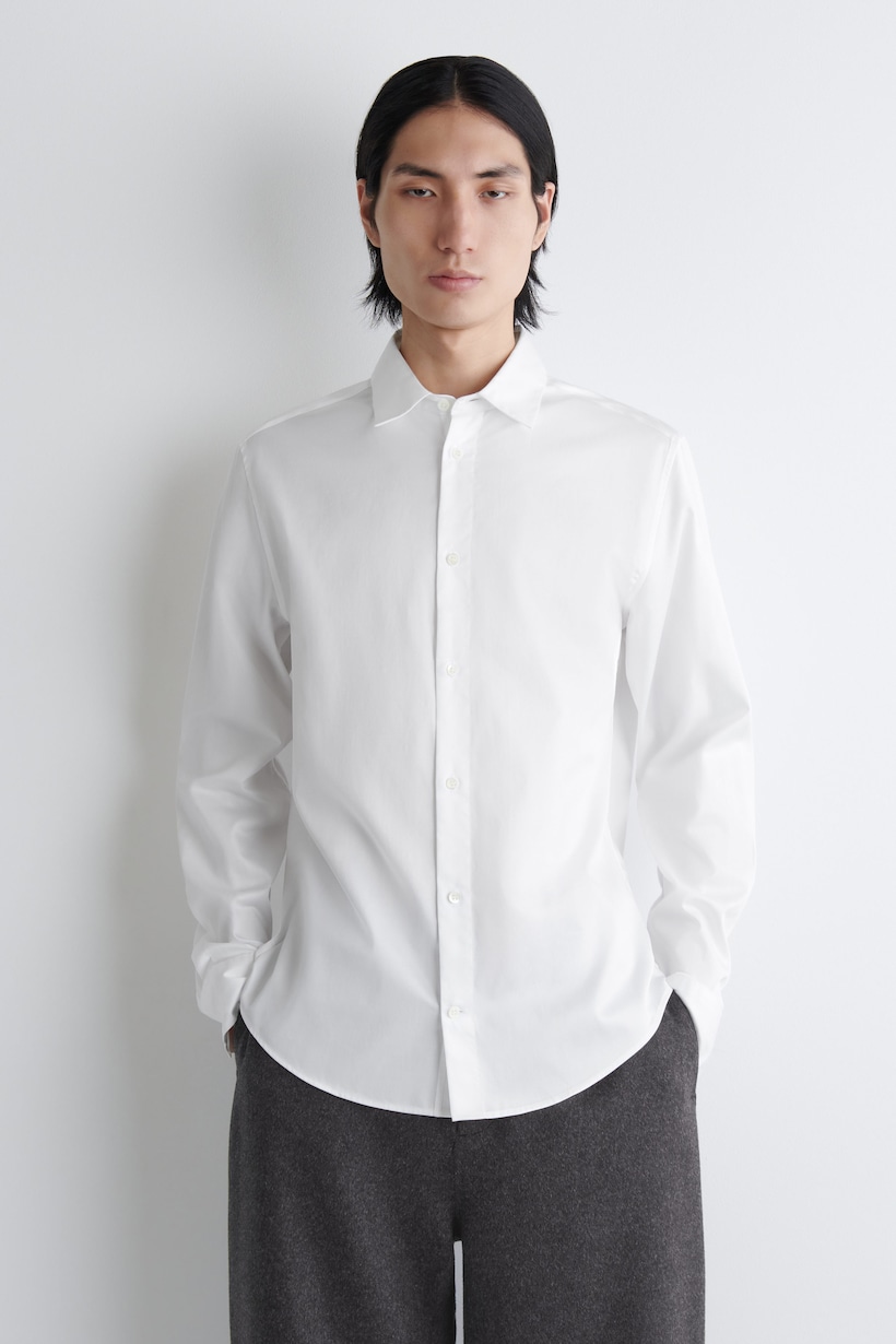 cos white dress shirt SMOCKED PUFF-SLEEVE SHIRT DRESS - WHITE