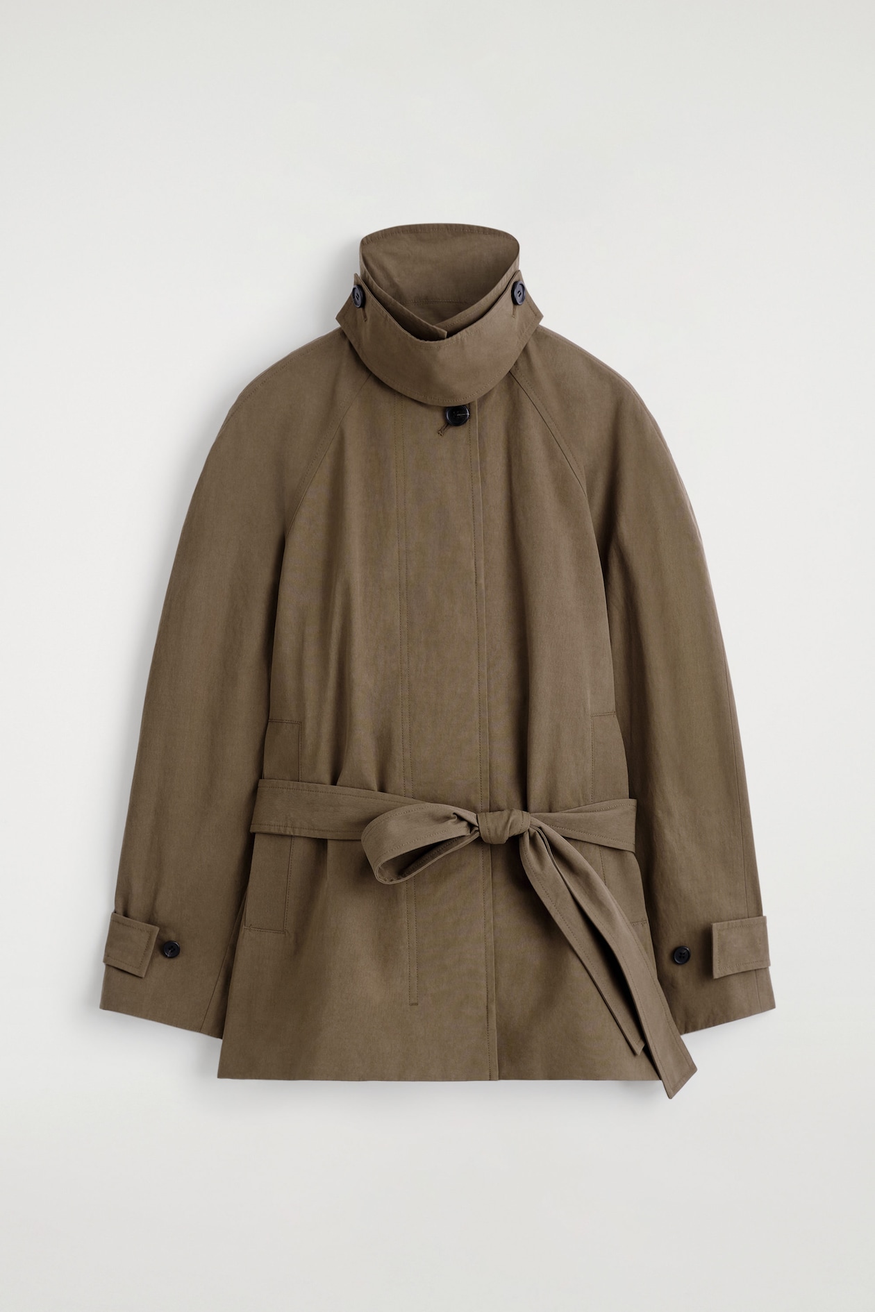 BELTED COTTON SHORT TRENCH JACKET — BROWN