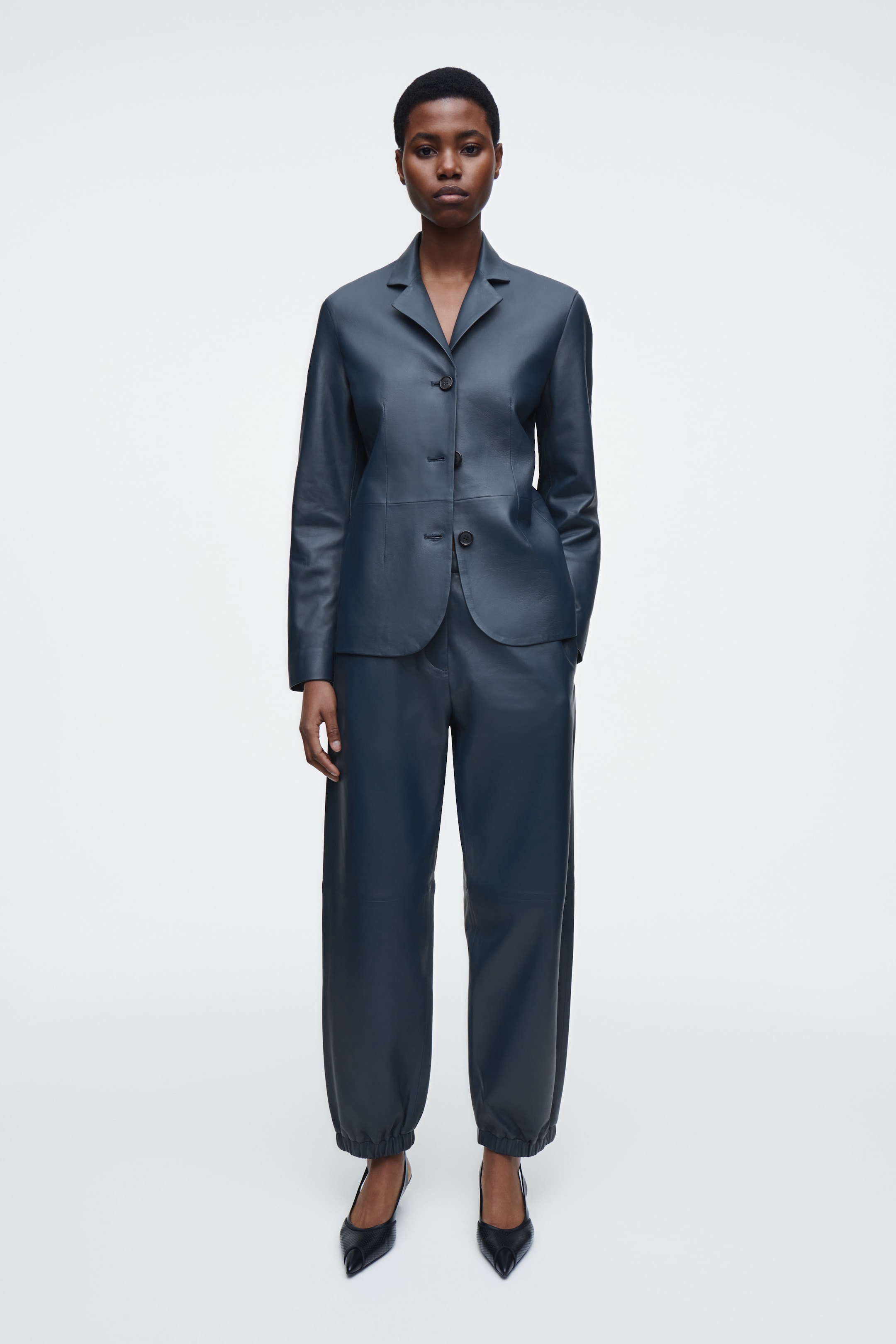 View larger image: LEATHER STRAIGHT-LEG JOGGERS - NAVY - Ladies | H&M GB 1