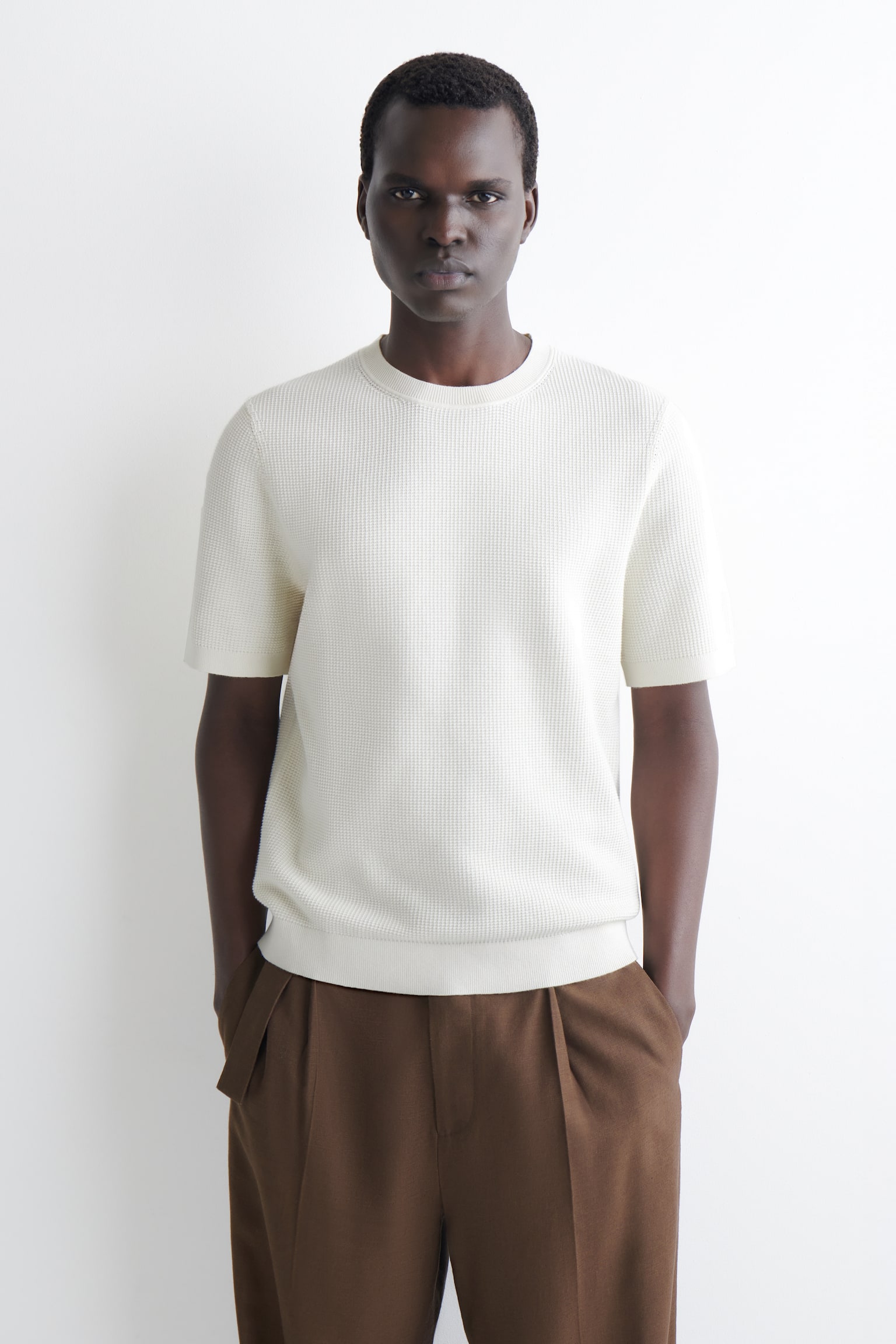WAFFLE-KNIT COTTON T-SHIRT - OFF-WHITE/KHAKI - 1