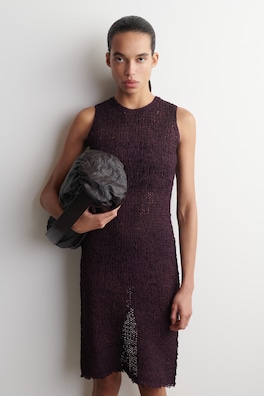 CROCHET-KNIT TAPE-YARN MIDI DRESS — BORDEAUX 3