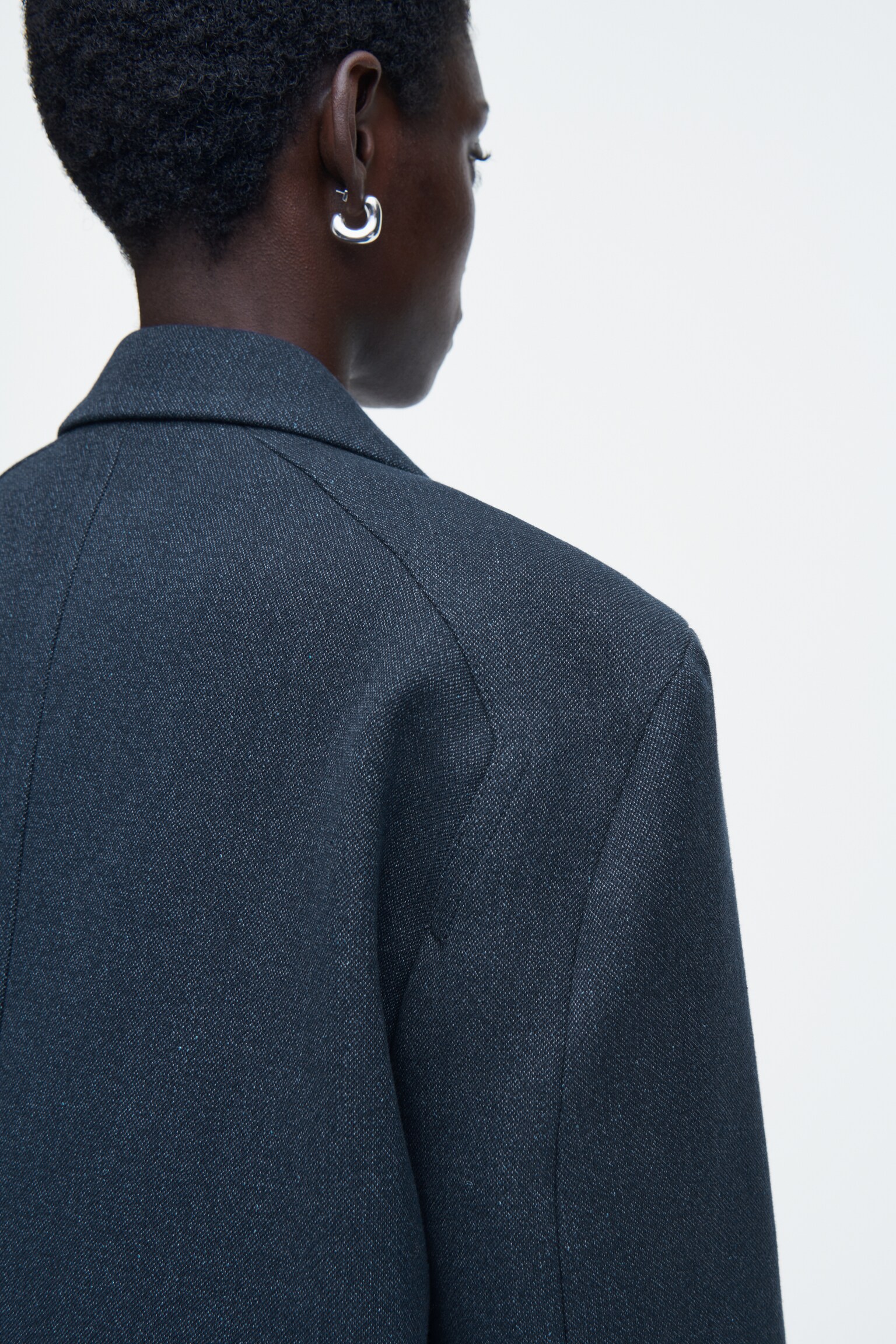 OVERSIZED EXAGGERATED-SHOULDER DENIM-LOOK BLAZER - DARK BLUE - 4