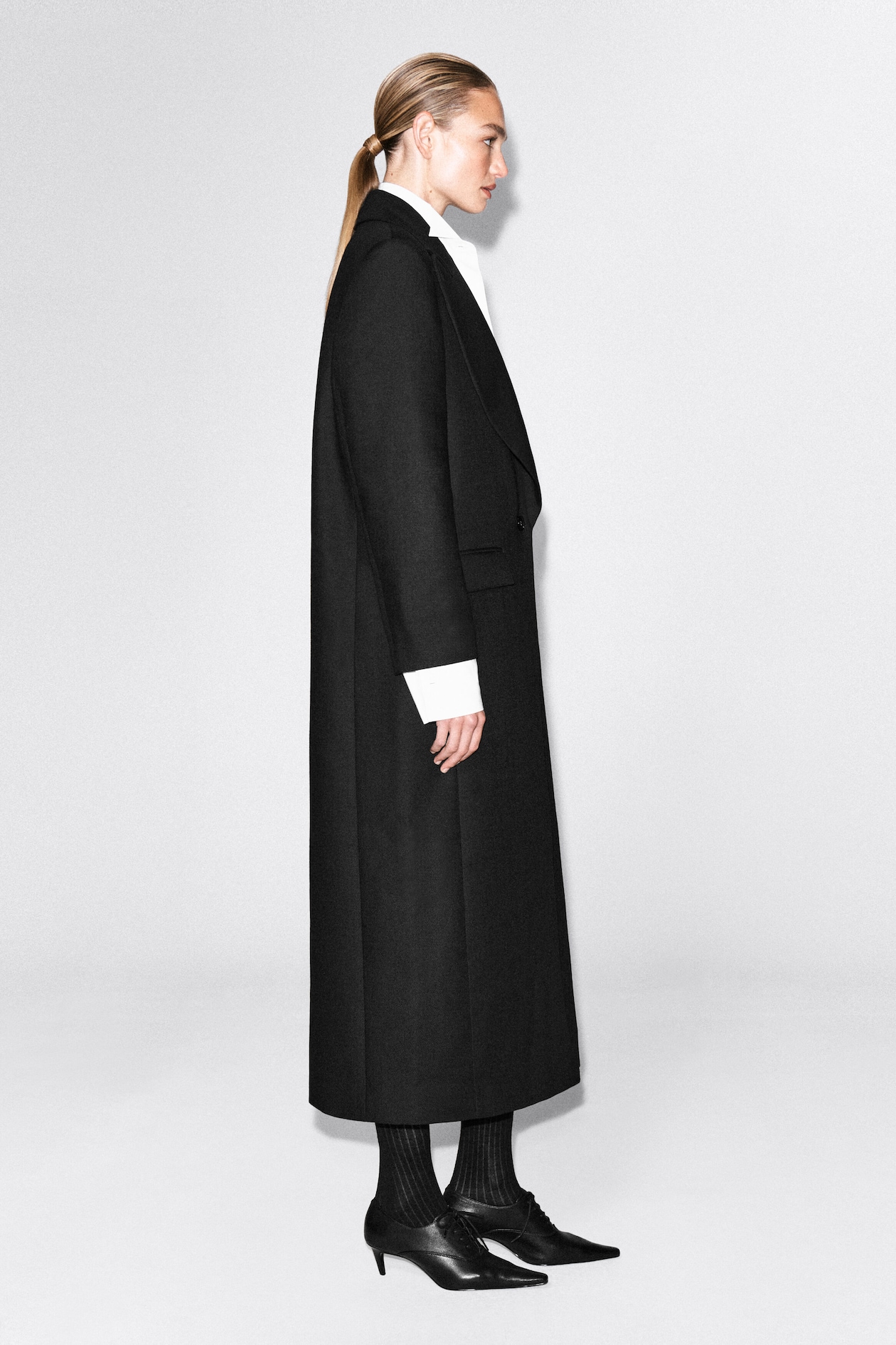 TAILORED DRAPED WOOL-BLEND LONG COAT — BLACK