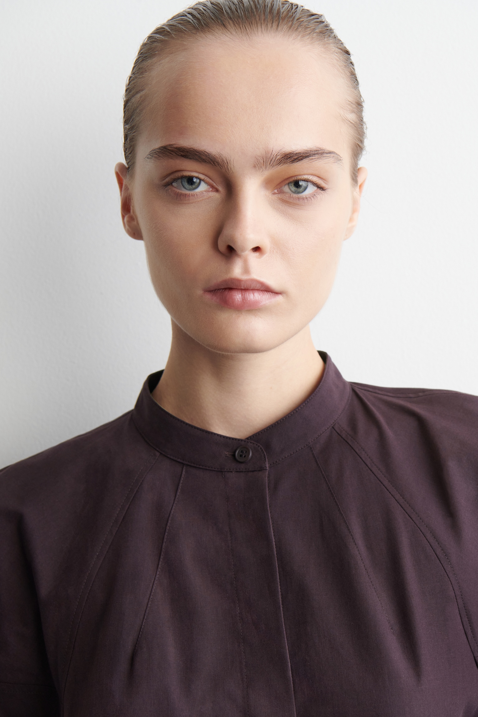 PUFF-SLEEVE COTTON BLOUSE - PLUM/LIGHT TURQUOISE - 3