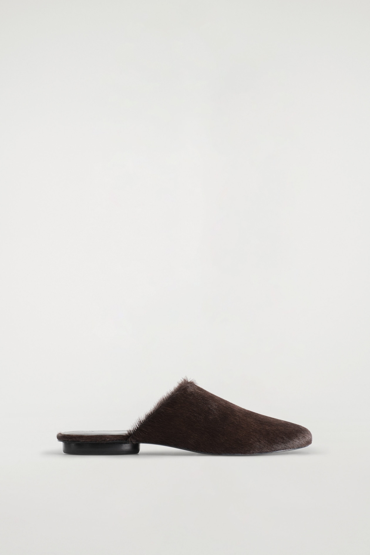 PONY HAIR-EFFECT LEATHER MULES — DARK BROWN
