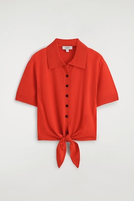 TIE-FRONT KNITTED WOOL SHIRT — ORANGE 9
