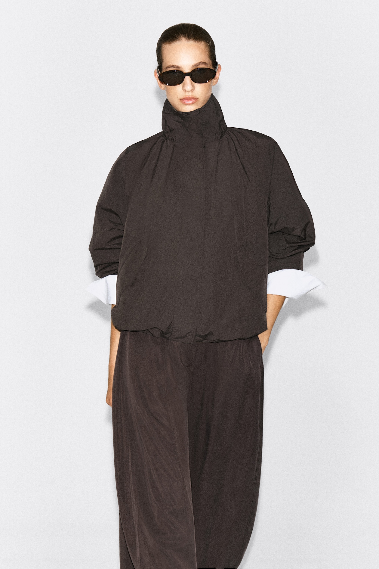 NYLON mock-NECK JACKET — BROWN
