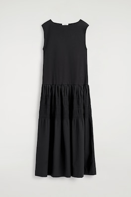 TIERED GATHERED MIDI DRESS — BLACK 8
